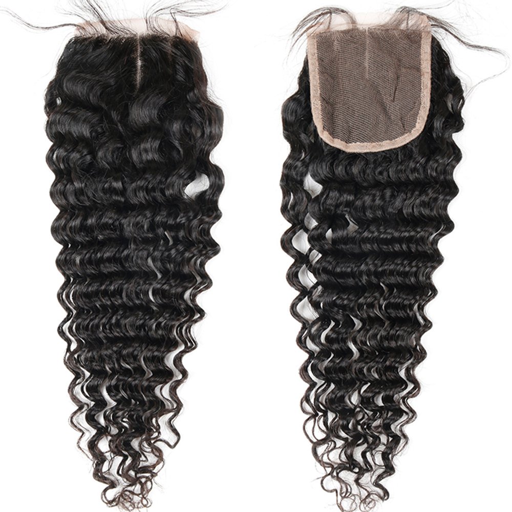 Brazilian Virgin Human Hair Bundles with Closure - 3 Bundles Deep Wave Unprocessed Hair (14, 16, 18+12 inches) | Middle Part Lace Closure | Perfect for Weaves, Extensions & Protective Styles