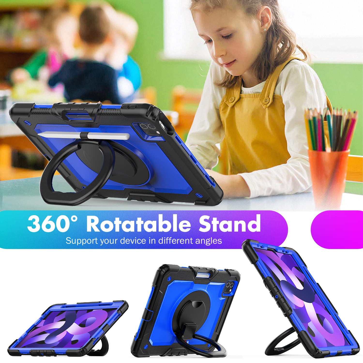 Premium iPad Air 5th/4th Generation Case 10.9 inch - Heavy Duty Protective Cover with Built-in Screen Protector, Rotating Stand, Pencil Holder & Adjustable Shoulder Strap (Dark Blue) - Perfect for Work, Travel & School Use