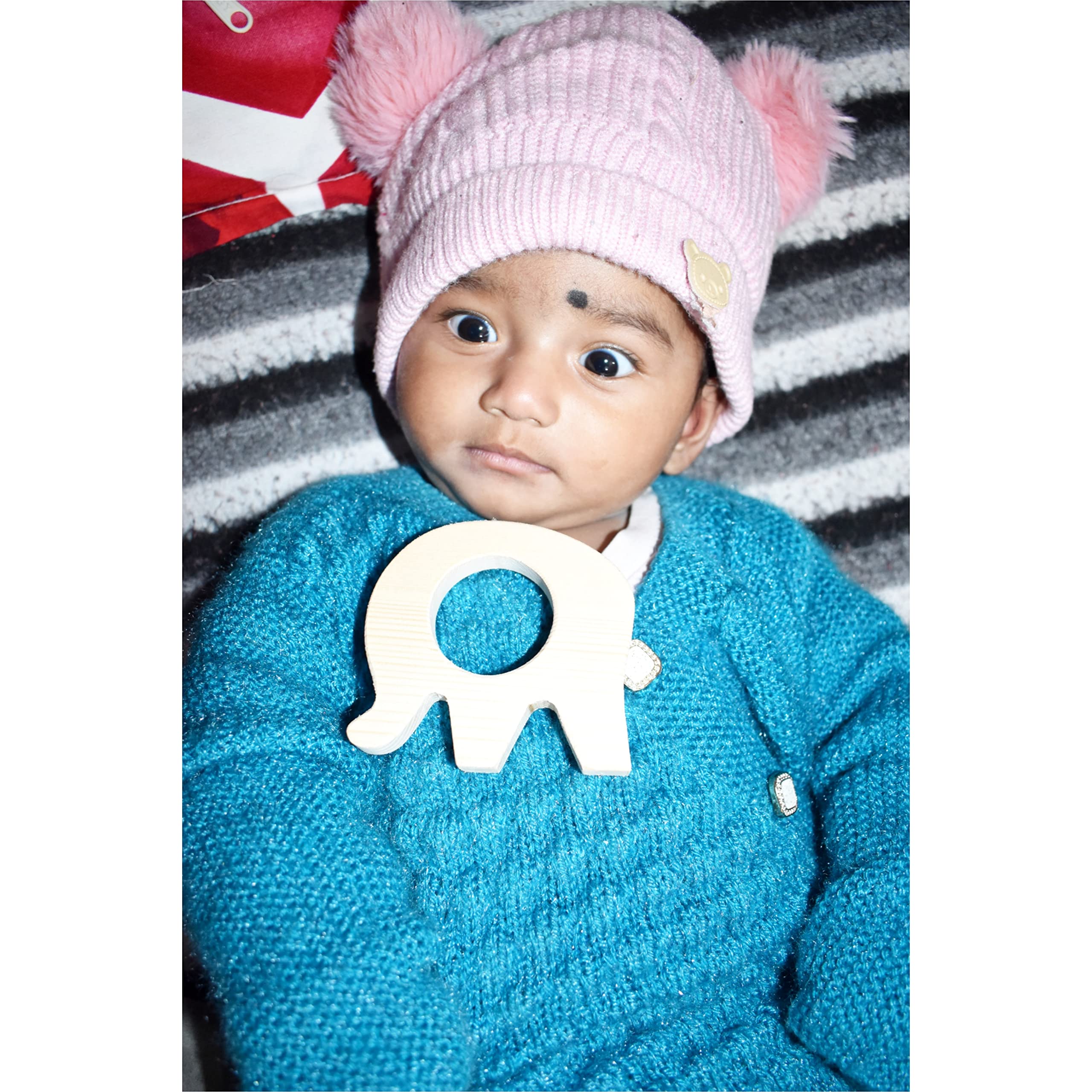 Organic Wooden Teether for Babies 6-12 Months - Natural Neem Wood Teething Toy Set of 4 (Apple, Pineapple, Elephant, Fish Shapes) - Safe & Non-Toxic Infant Teether for Soothing Sore Gums - Perfect Baby Shower Gift & Nursery Essential