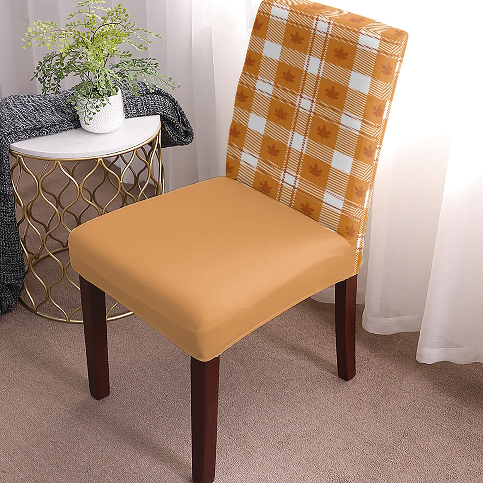 Stretchable Parsons Chair Slipcovers - Set of 4 Thanksgiving Autumn Maple Leaf Orange Gingham Plaid Removable Dining Chair Covers for Kitchen, Banquet & Party Decor | Perfect for Holiday Gatherings, Family Dinners and Home Decor