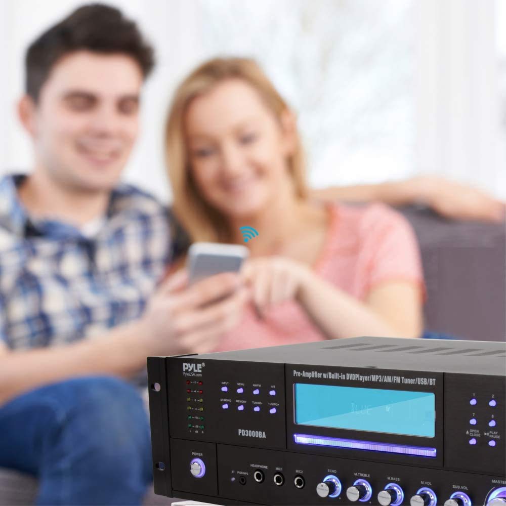 Pyle 4 Channel Wireless Bluetooth Amplifier - 3000W Peak Power Stereo Home Audio Receiver with FM Radio, USB, 2 Mic Inputs with Echo, HDMI & 24-Bit Decoder, Front-Loading CD/DVD Player, LED Display, Rack Mountable - Perfect for Home Theater, Karaoke Parties, and Professional DJ Setups