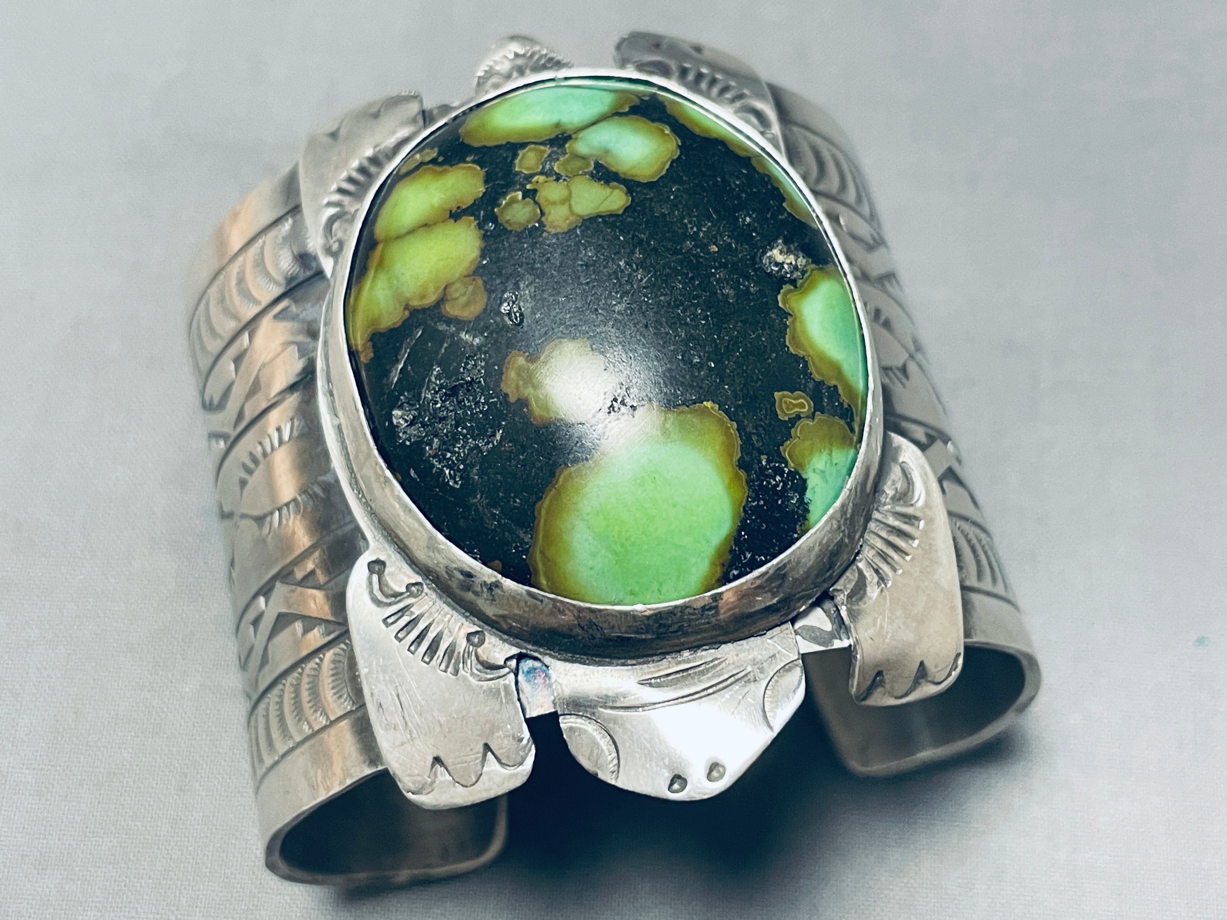 Authentic Navajo Sterling Silver Green Turtle Bracelet - 149g Handmade Native American Jewelry for Women, Perfect for Boho Fashion & Spiritual Gifts