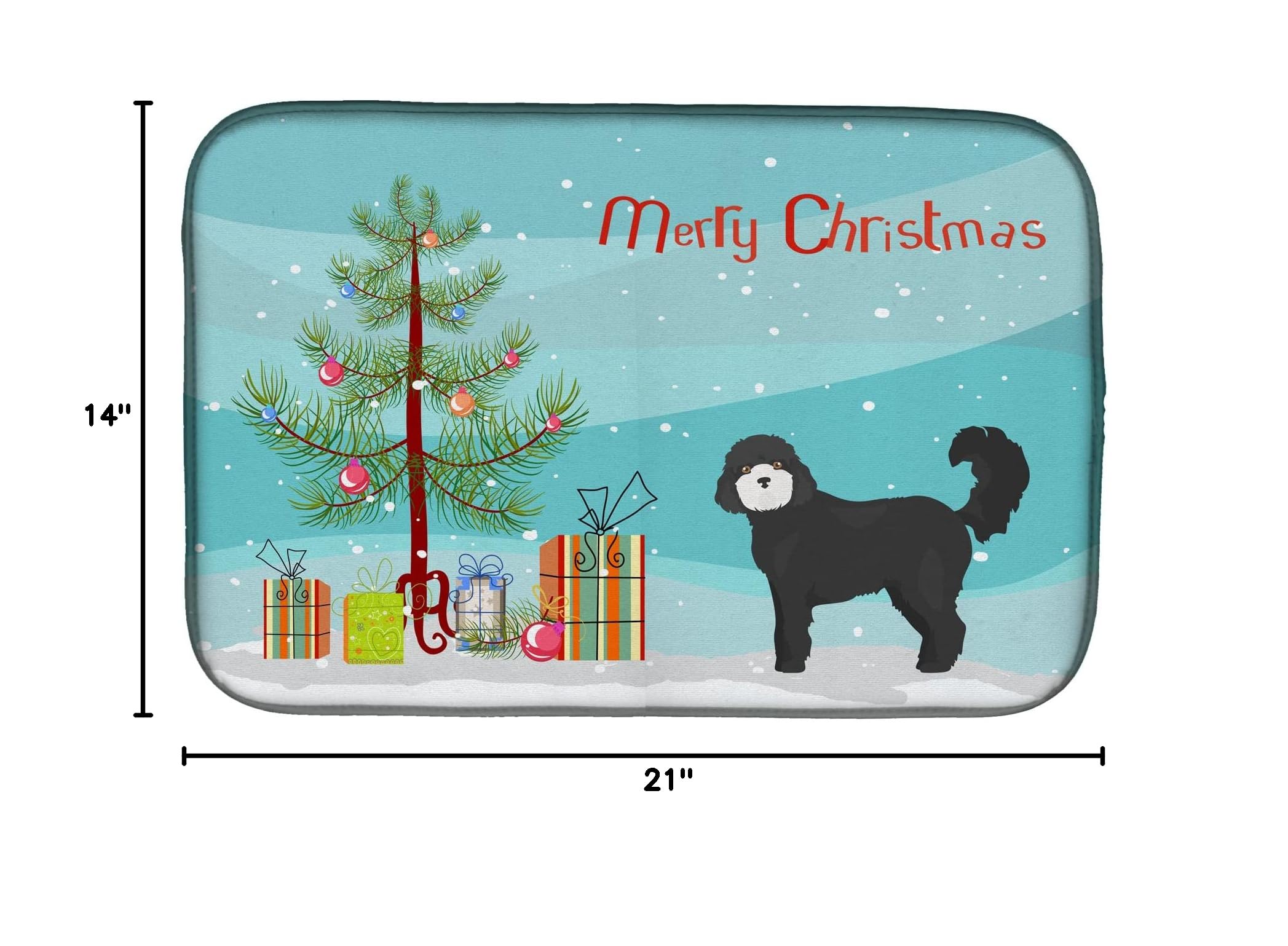 Black Cockapoo Christmas Tree Dish Drying Mat - Absorbent Kitchen Counter Pad (14