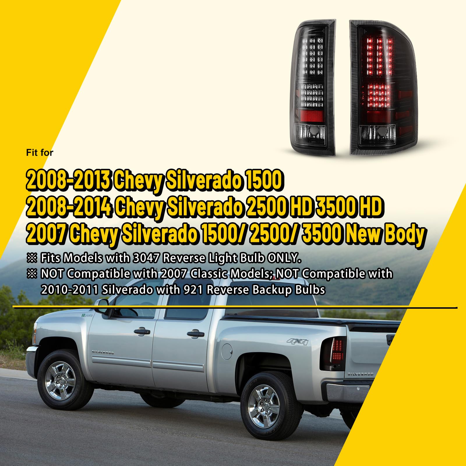 LED Tail Lights Assembly Compatible with 2007-2013 Chevy Silverado, Replacement Tail Lights for 07-13 Chevy Silverado (Excludes 2007 Silverado Classic & GMC Series) - Clear Lens - Upgrade Your Truck's Style & Nighttime Visibility