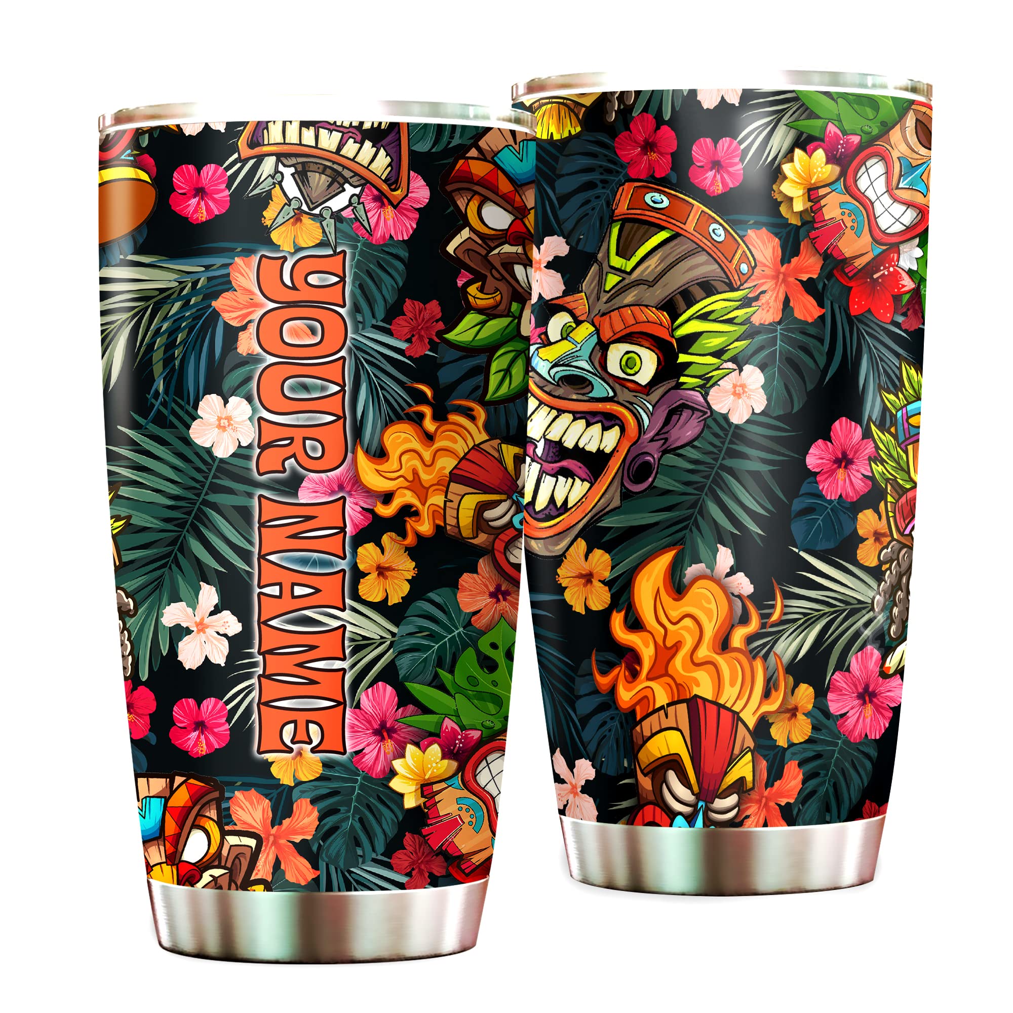 Personalized Tiki Mask Stainless Steel Skinny Tumbler 20oz - Tropical Hawaii Beach Drinkware, Custom Engraved Cup for Summer Cocktails, Tiki Bar Parties & Beach Vacations - Perfect Gift for Beach Lovers & Tropical Theme Enthusiasts