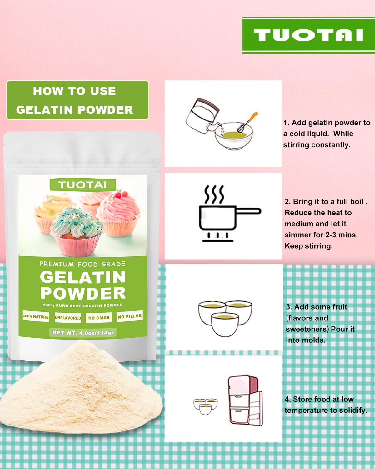 Unflavored Gelatin Powder 4oz - Food Grade for Baking, Jelly, Marshmallow, Cake & Desserts - Perfect for Homemade Gummies, Yogurt & Protein Shakes