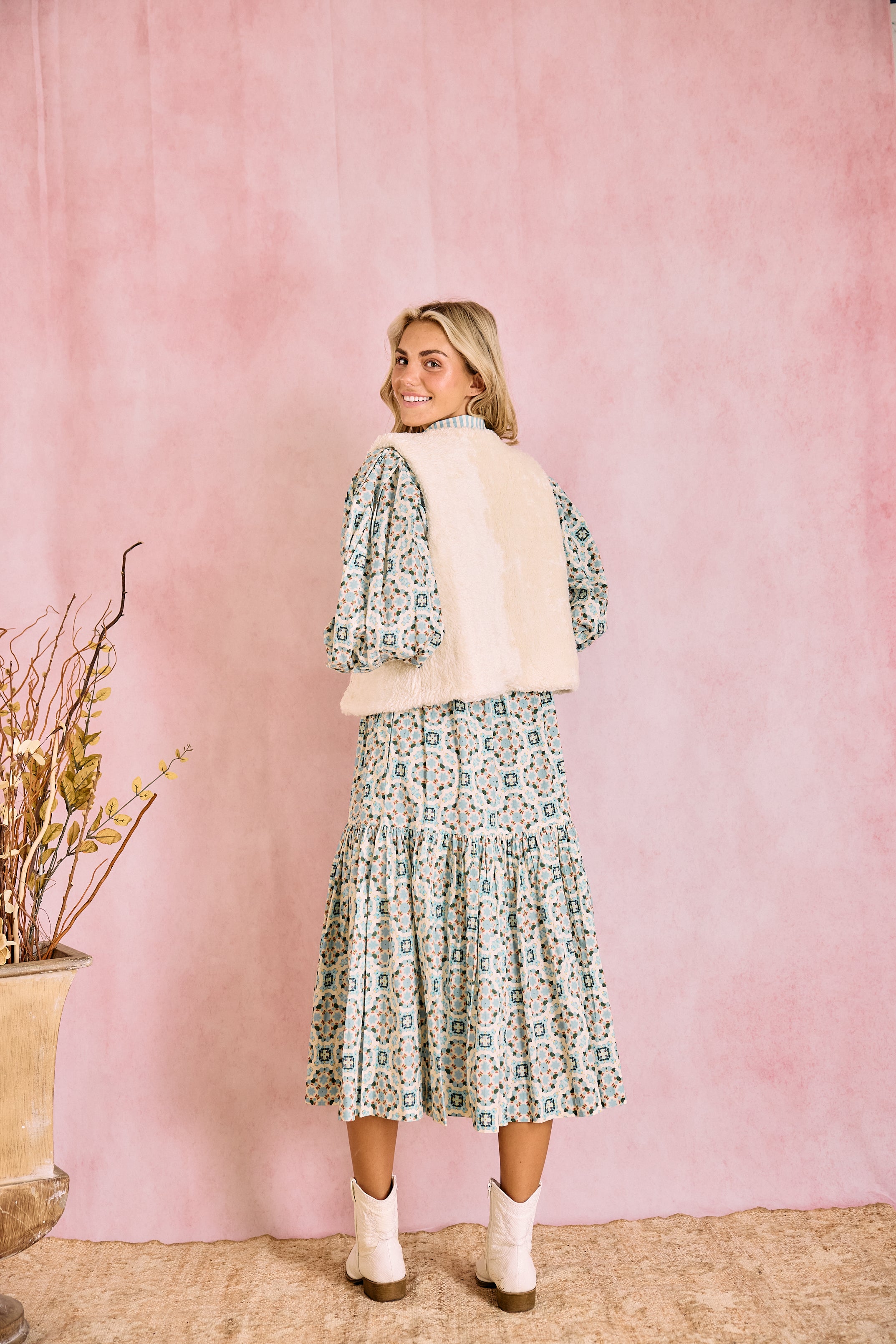 Laura Long Sleeve Quatrefoil Print Dress in Blue & Ivory - Elegant Office Wear & Casual Party Outfit