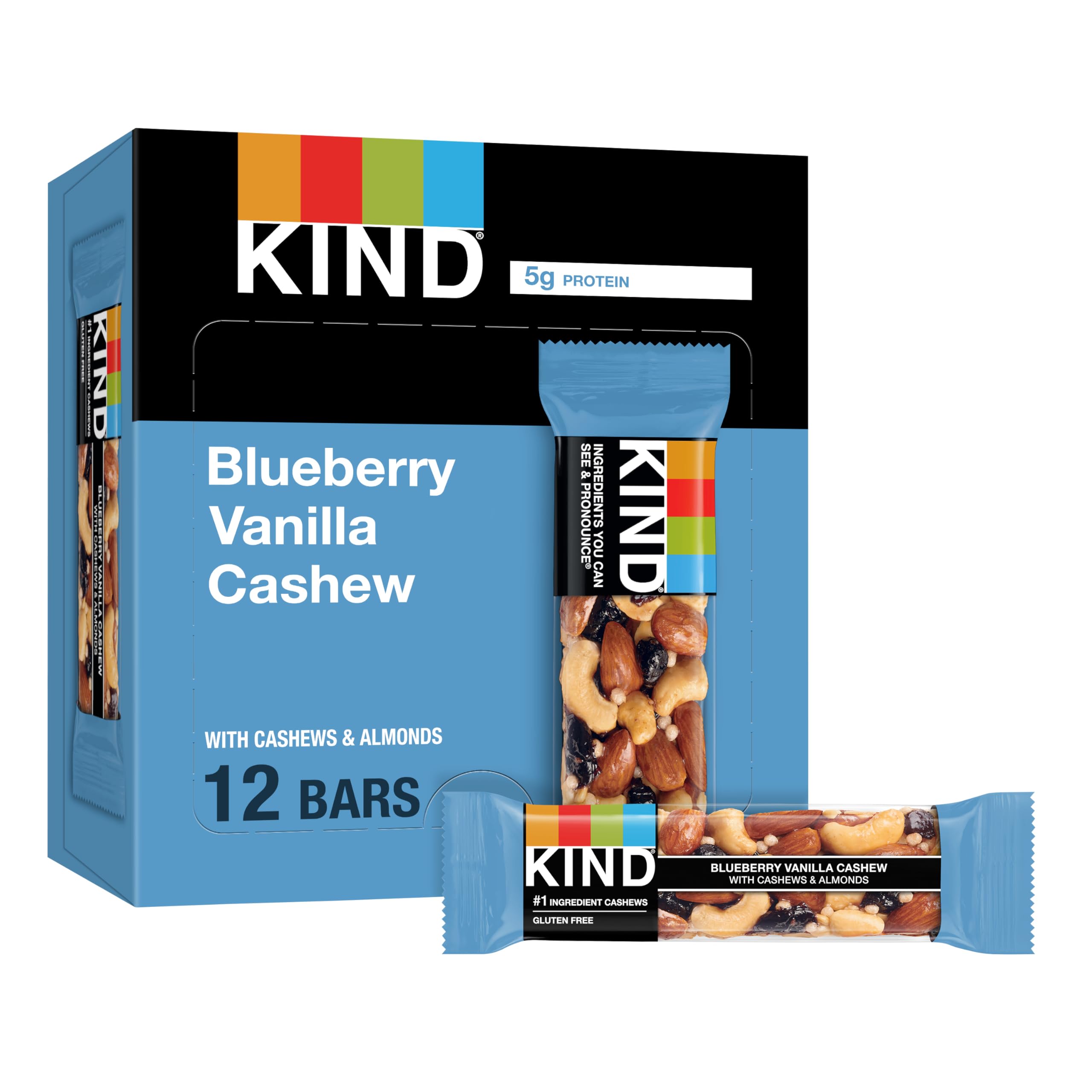 KIND Bars, Blueberry Vanilla Cashew - Healthy Gluten Free Snacks with 5g Protein (12 Count) | On-The-Go Breakfast, Workout Fuel & Office Snacks