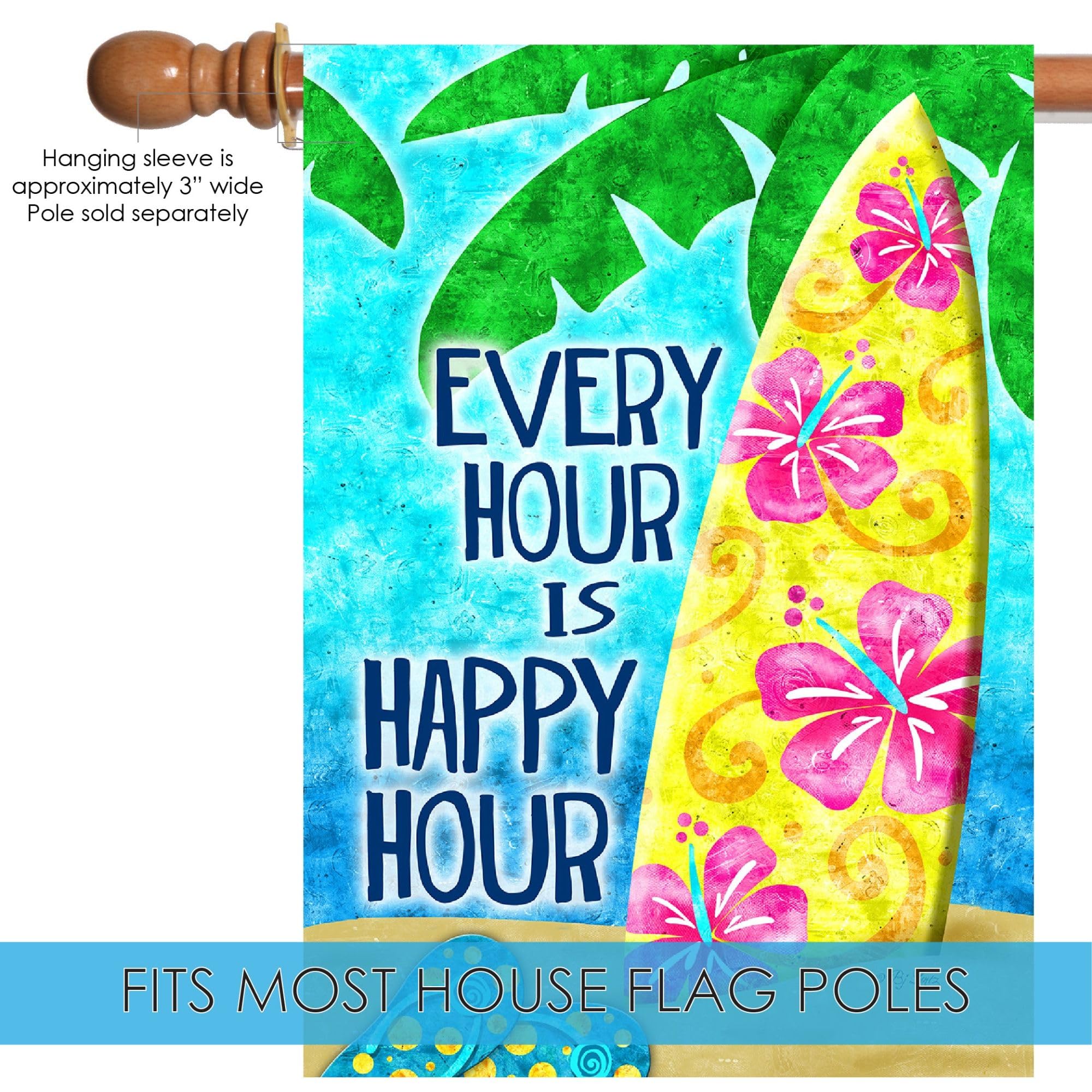 Happy Hour Surf Beach Flag 28x40 Inch - Double Sided Outdoor Garden Flag for Yard Decoration, Housewarming Gift & Coastal Theme Party | Perfect for Beach House, Backyard, Patio & Summer Decor