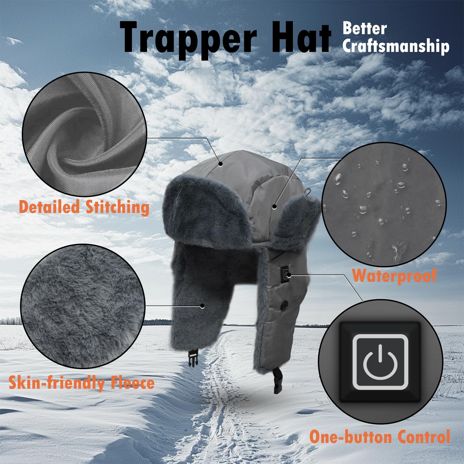Heated Trapper Hat with 7.4V Rechargeable Battery - Warm Winter Hunting Hat for Men & Women - Faux Fur Lined Outdoor Hat for Cold Weather Activities