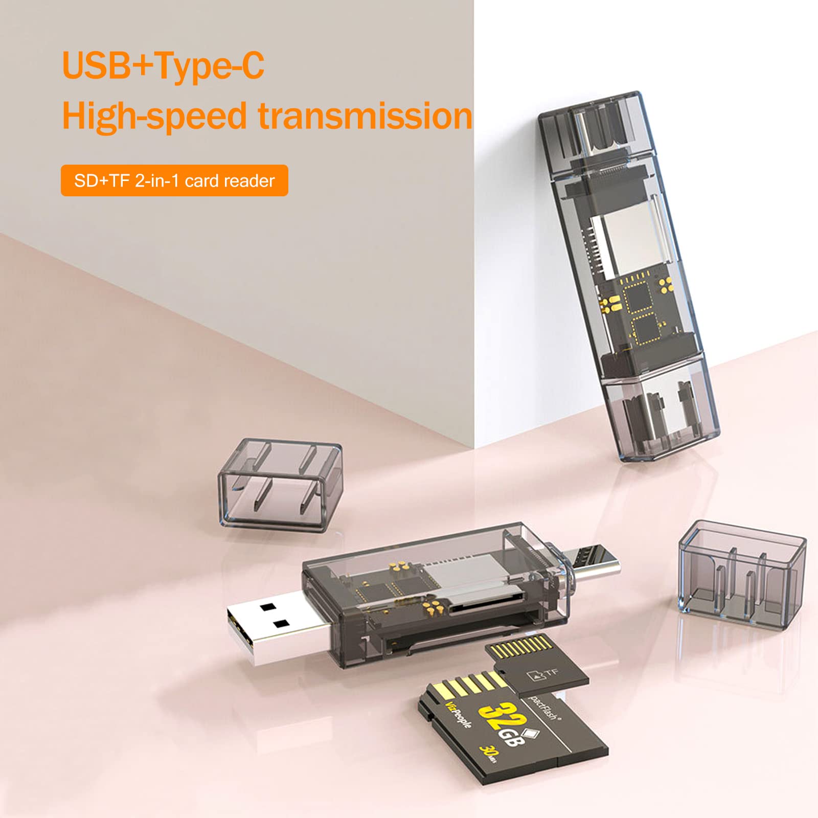 2 Pack USB SD Card Reader for PC & Mac - High Speed Micro SD to USB Adapter with Transparent Housing - Dual USB 3.0 & USB-C Plug Memory Card Reader for Camera, Smartphone, Laptop (Perfect for Photo Transfer & Data Backup)