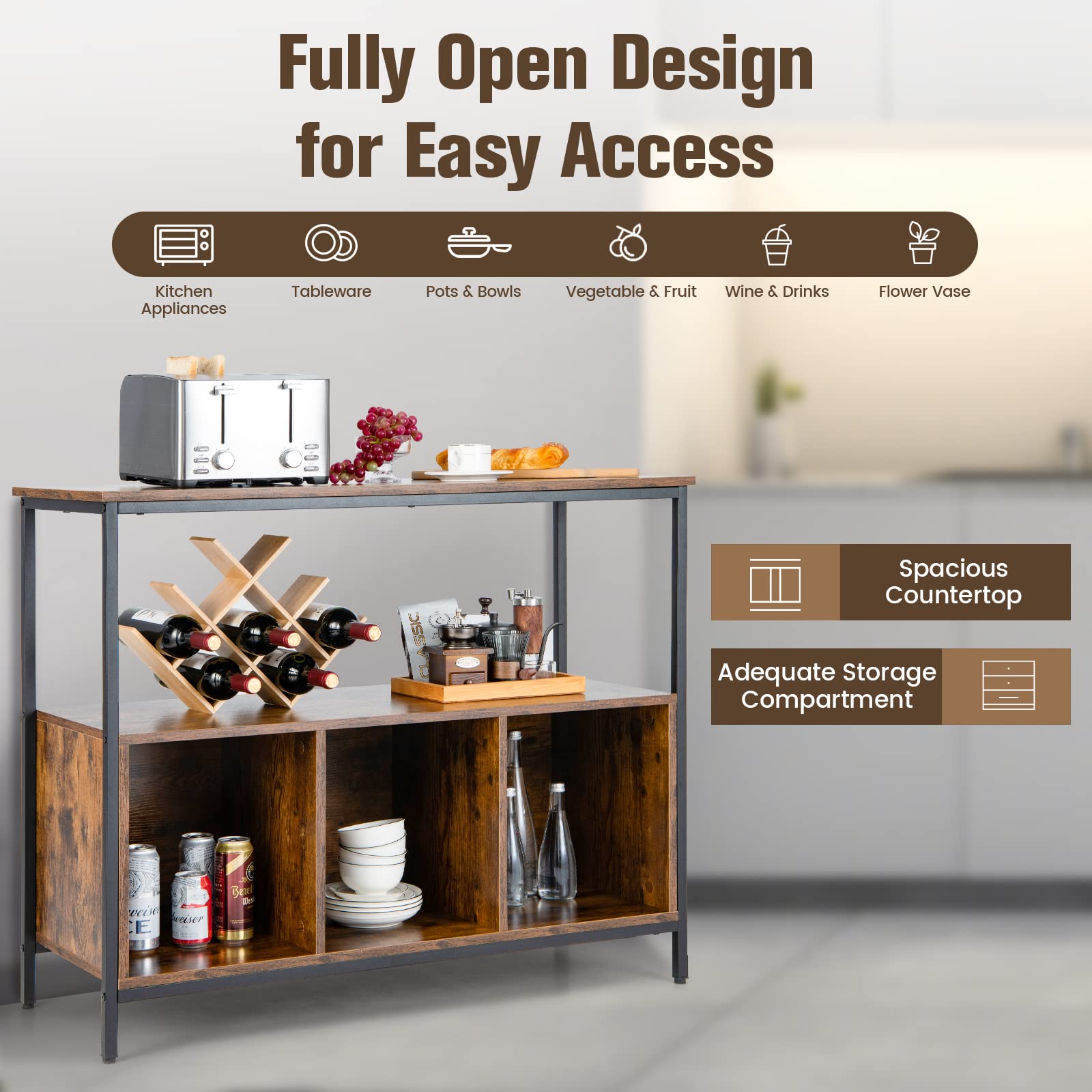 LOKO Rustic Brown Buffet Cabinet with Open Shelves & 3-Cube Storage - 43.5