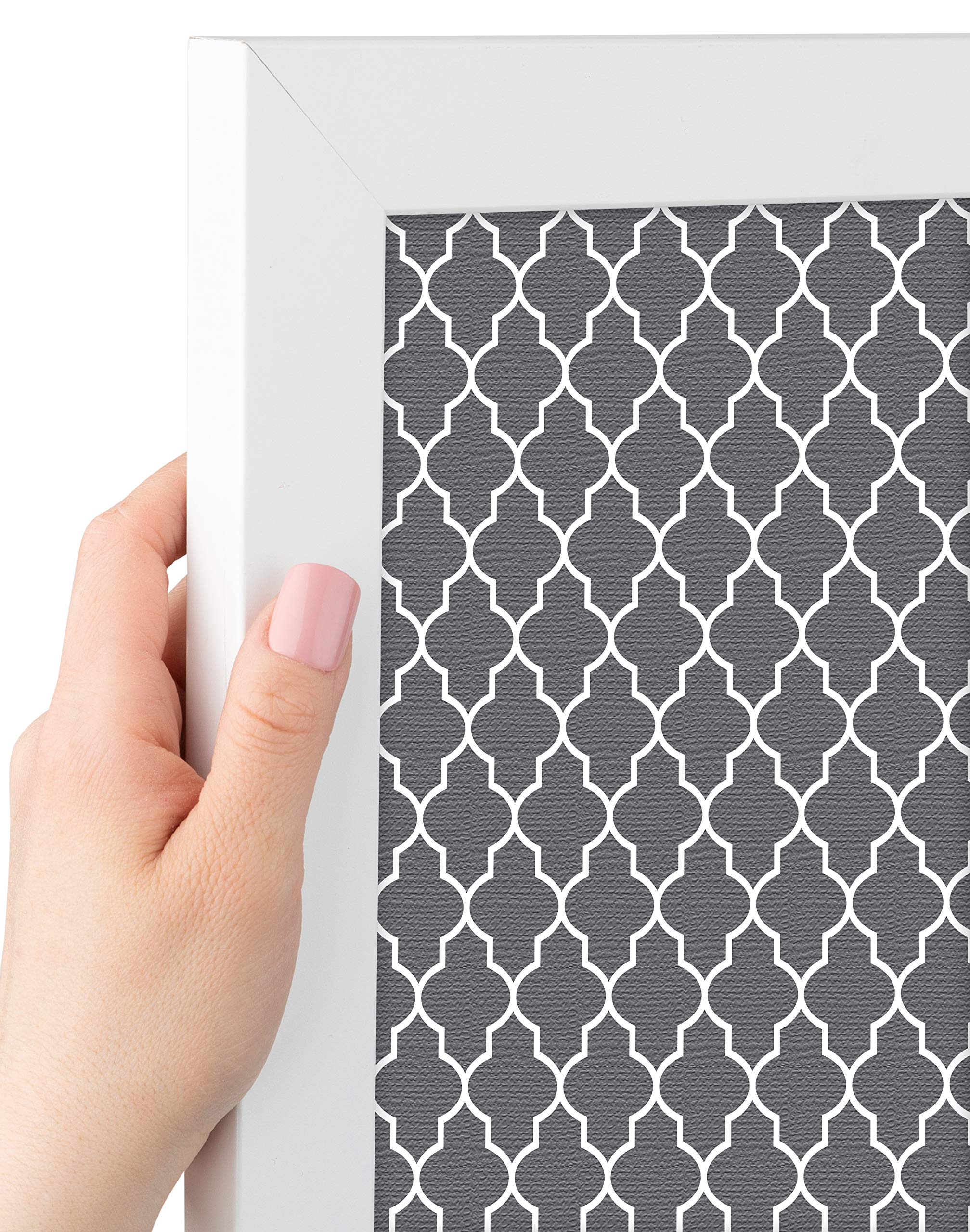 PinPix 30x20 Inch Custom Cork Bulletin Board - Quatrefoil Dark Grey Fabric Photo Board with Satin White Frame | Perfect for Office, Home Decor & Classroom Organization (PinPix-583)
