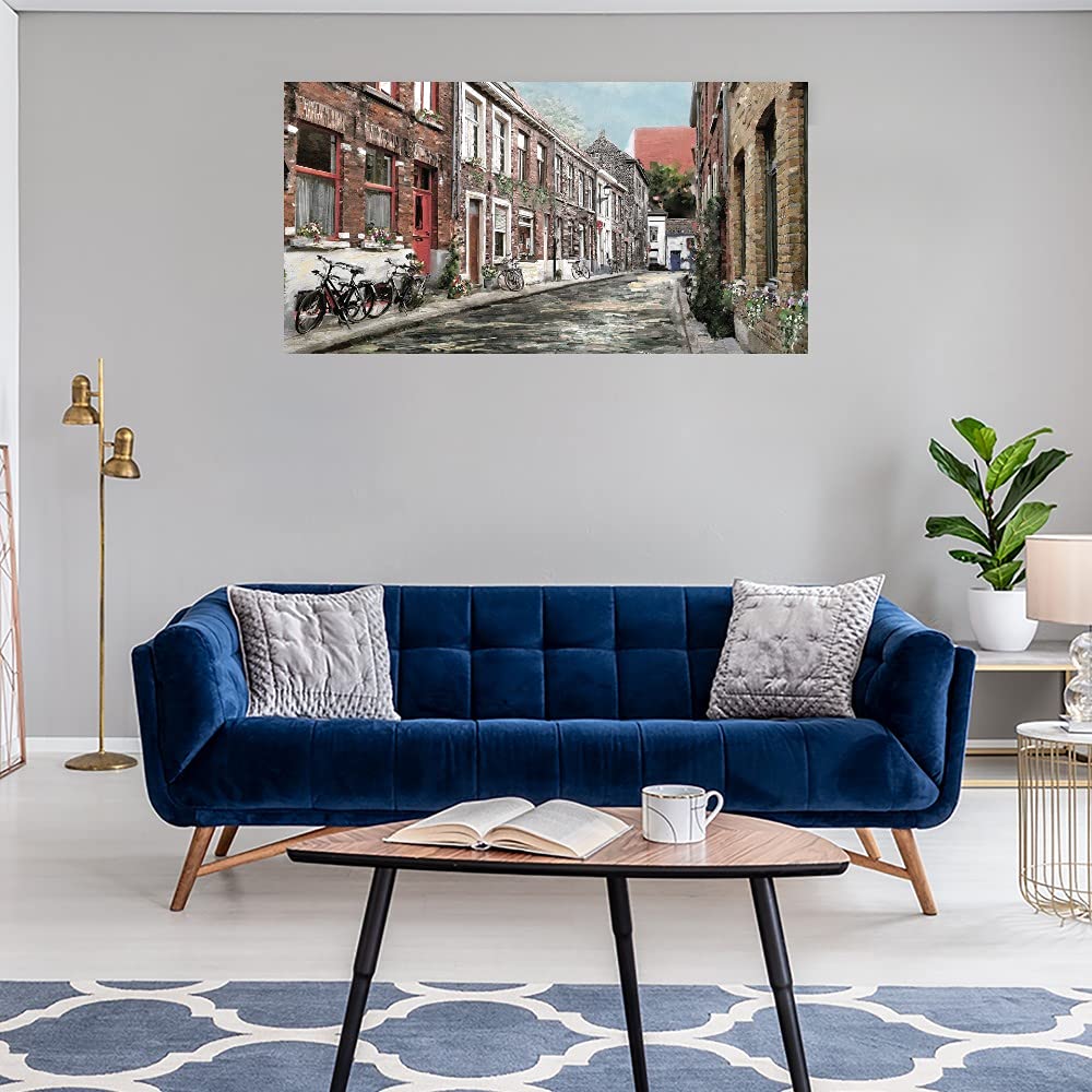 Fine Art Canvas Cobblestone Lane Wall Decor - Hand Painted Landscape Painting for Living Room, Bedroom, Office - Ready to Hang 50x26 Inches - Perfect for Home Decor, Housewarming Gift & Interior Design