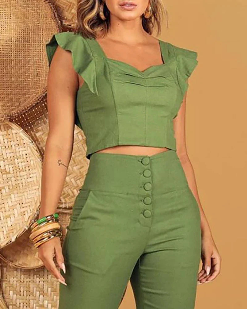 2023 Women's Autumn Eyelet Flutter Sleeve Zip Back Top & High Waist Button Pants Set - Summer Casual Outfits for Work, Dating, and Parties