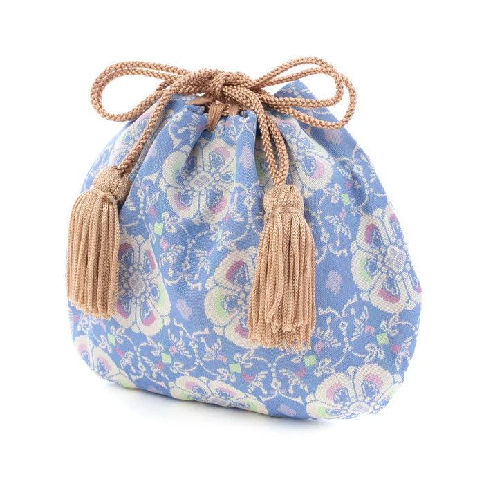 Nishijin Ori Small Drawstring Bag - Japanese Traditional Craft Purse | Kyoto Made Floral Bird Design in Pale Blue | Perfect for Gift, Cosmetics & Jewelry Storage