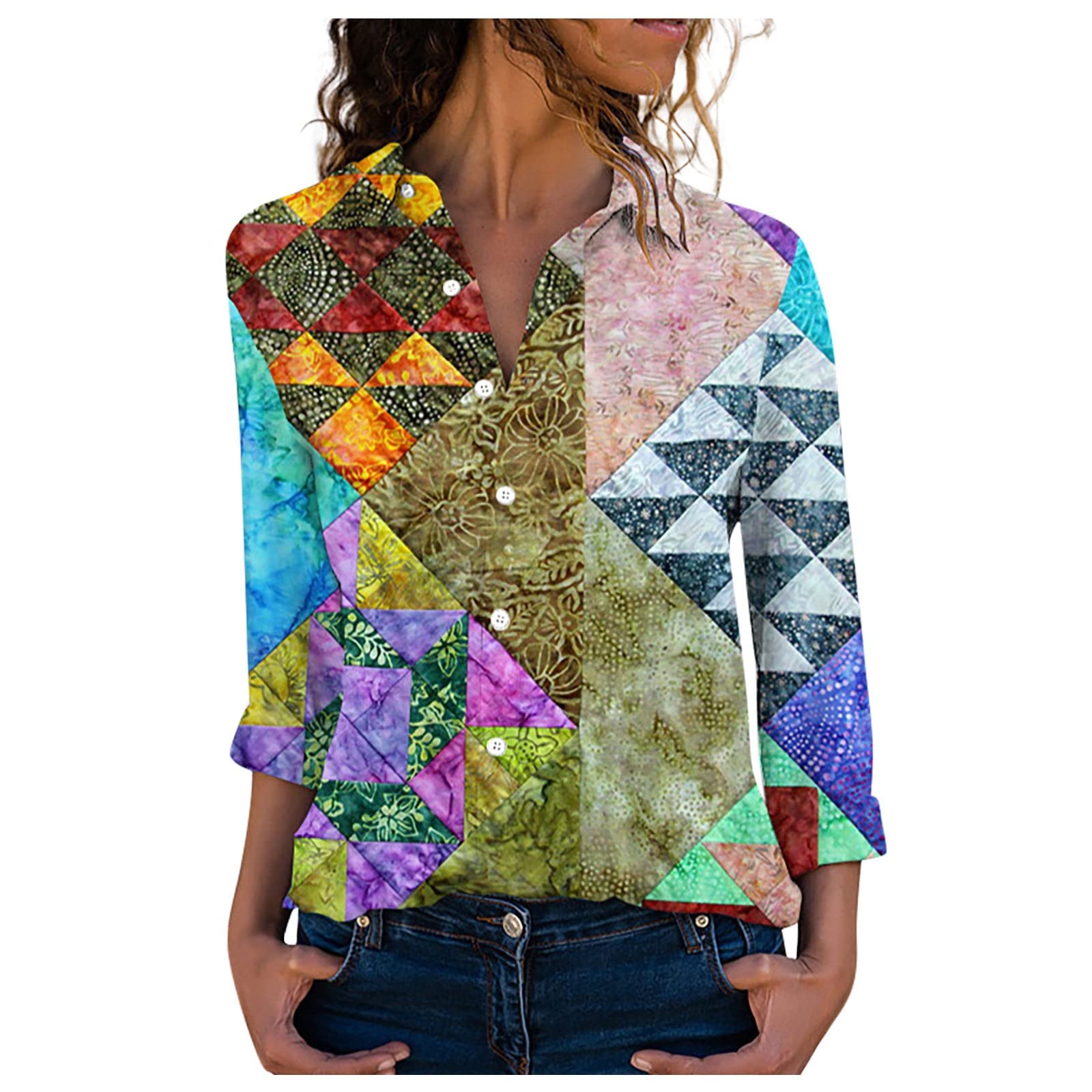 FIRERO Women's Vintage Print Button Down Shirt - Casual V Neck Long Sleeve Blouse with Lapel, Slim Fit Single Breasted Top for Office, Dating & Everyday Wear