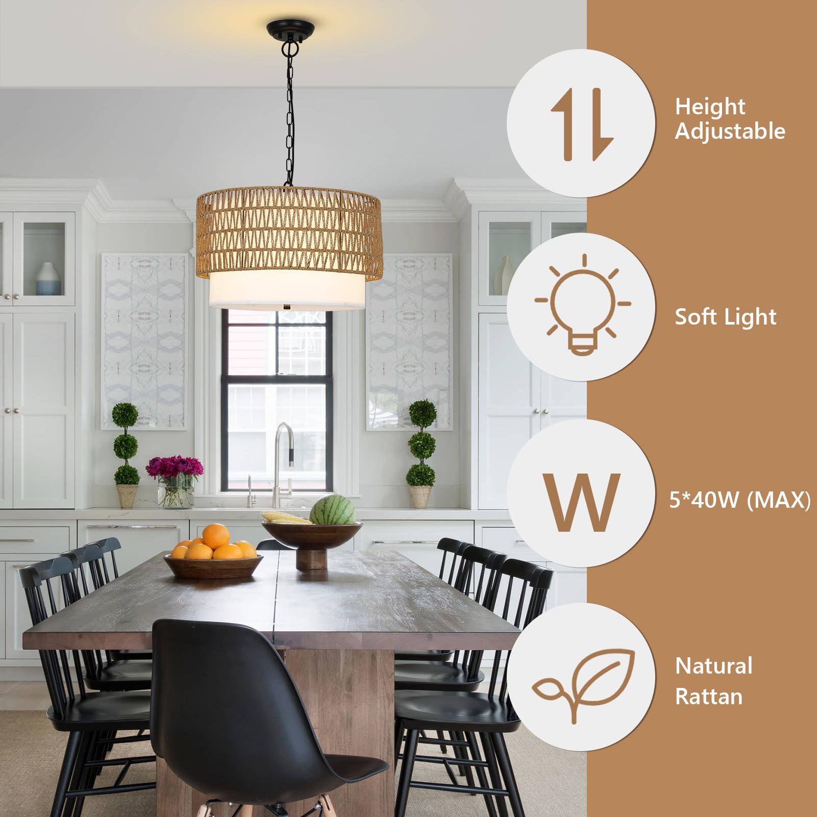 5-Light Farmhouse Chandelier - Handwoven Rattan Boho Pendant Light with Fabric Shade for Dining Room, Kitchen, Bedroom & Hallway | Rustic Ceiling Lighting Fixture for Home Decor & Island