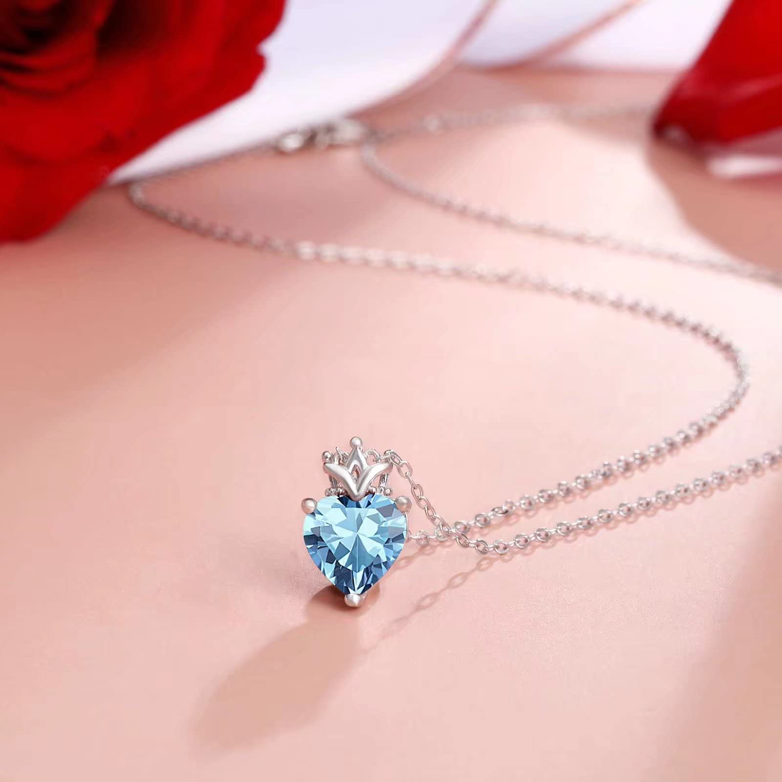 925 Sterling Silver Birthstone Heart Pendant Necklace with Crown & Cubic Zirconia - Elegant Princess Queen Jewelry for Women | Perfect Birthday Gift, Anniversary Present & Everyday Wear