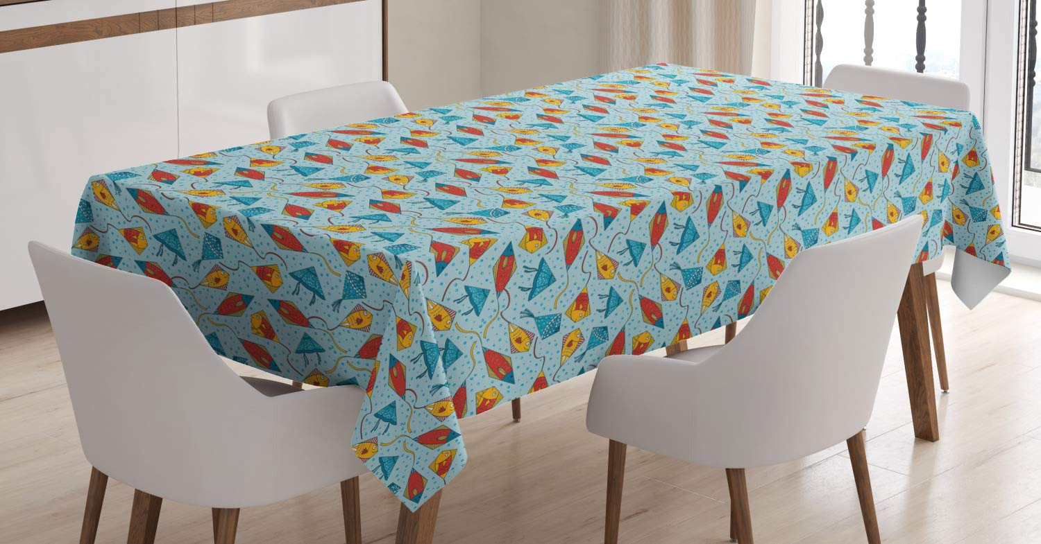 Ambesonne Blue Fish Tablecloth - Aquatic Animal Kite Design with Bubble Background, 52x70 Inch Rectangular Table Cover for Dining Room & Kitchen | Waterproof, Washable | Perfect for Parties, Holidays & Everyday Use