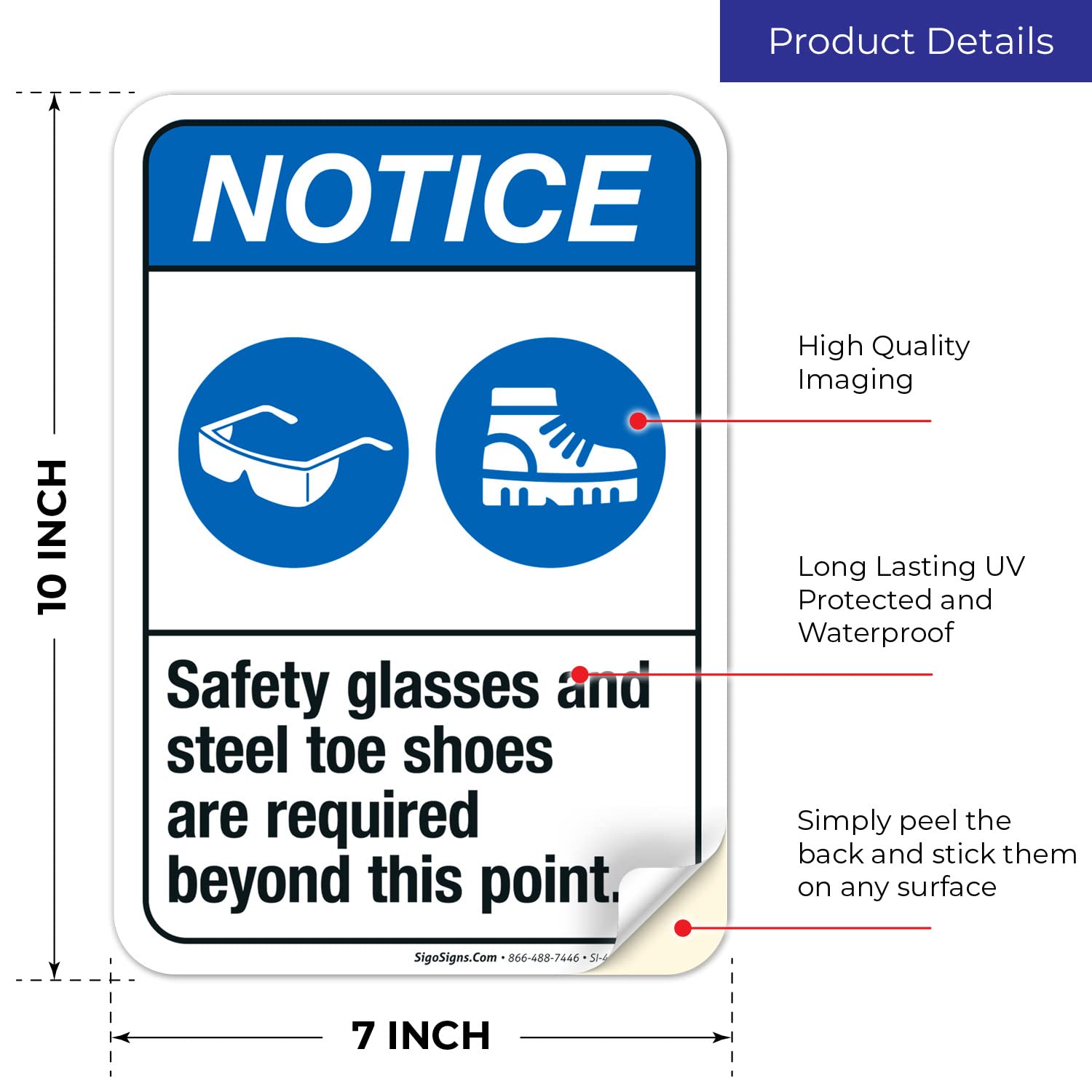 ANSI Safety Sign - 'Safety Glasses & Steel Toe Shoes Required Beyond This Point' - 10x7 Inch Vinyl Decal Sticker - Weatherproof & UV Resistant - Made in USA - Perfect for Construction Sites, Warehouses & Industrial Areas