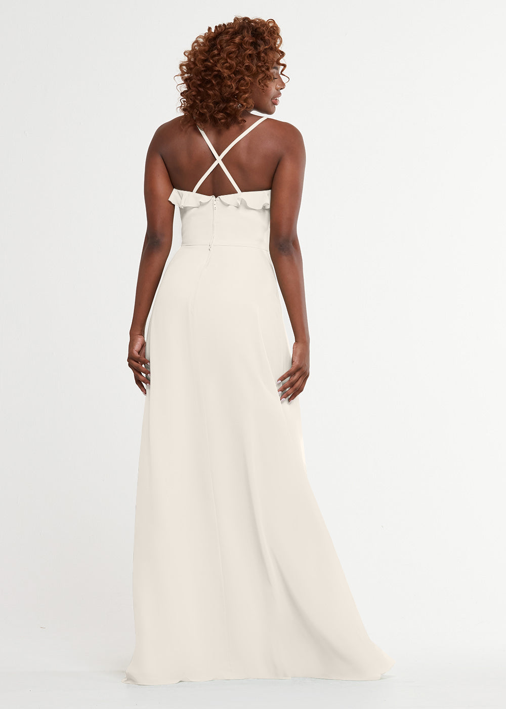 Elegant 80174 Chiffon A-Line Bridesmaid Dress with Ruffles & High Slit - Perfect for Weddings, Prom & Formal Events