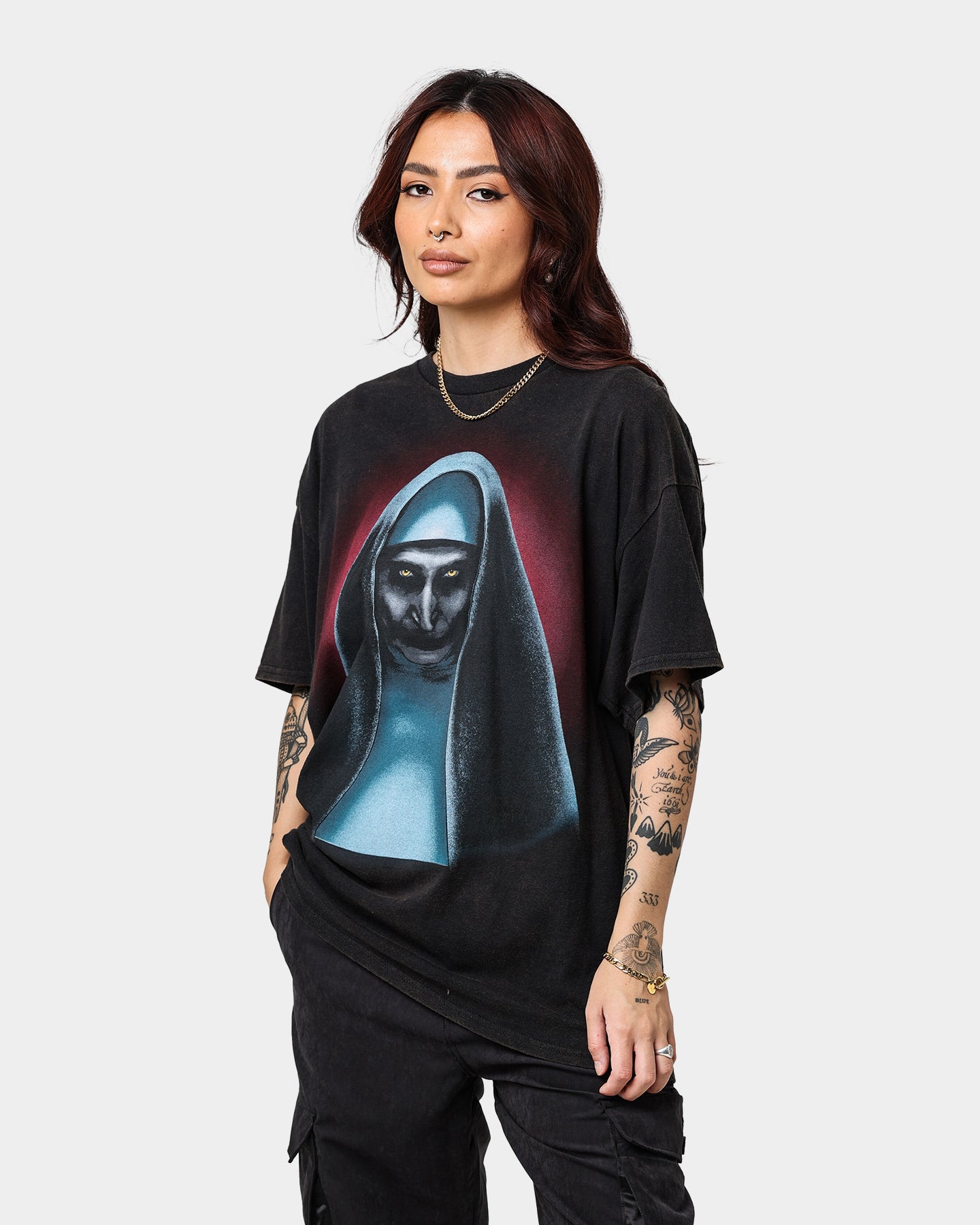 Vintage The Nun Graphic T-Shirt - Black Wash Distressed Tee for Men & Women - Perfect for Halloween, Cosplay, and Horror Movie Fans