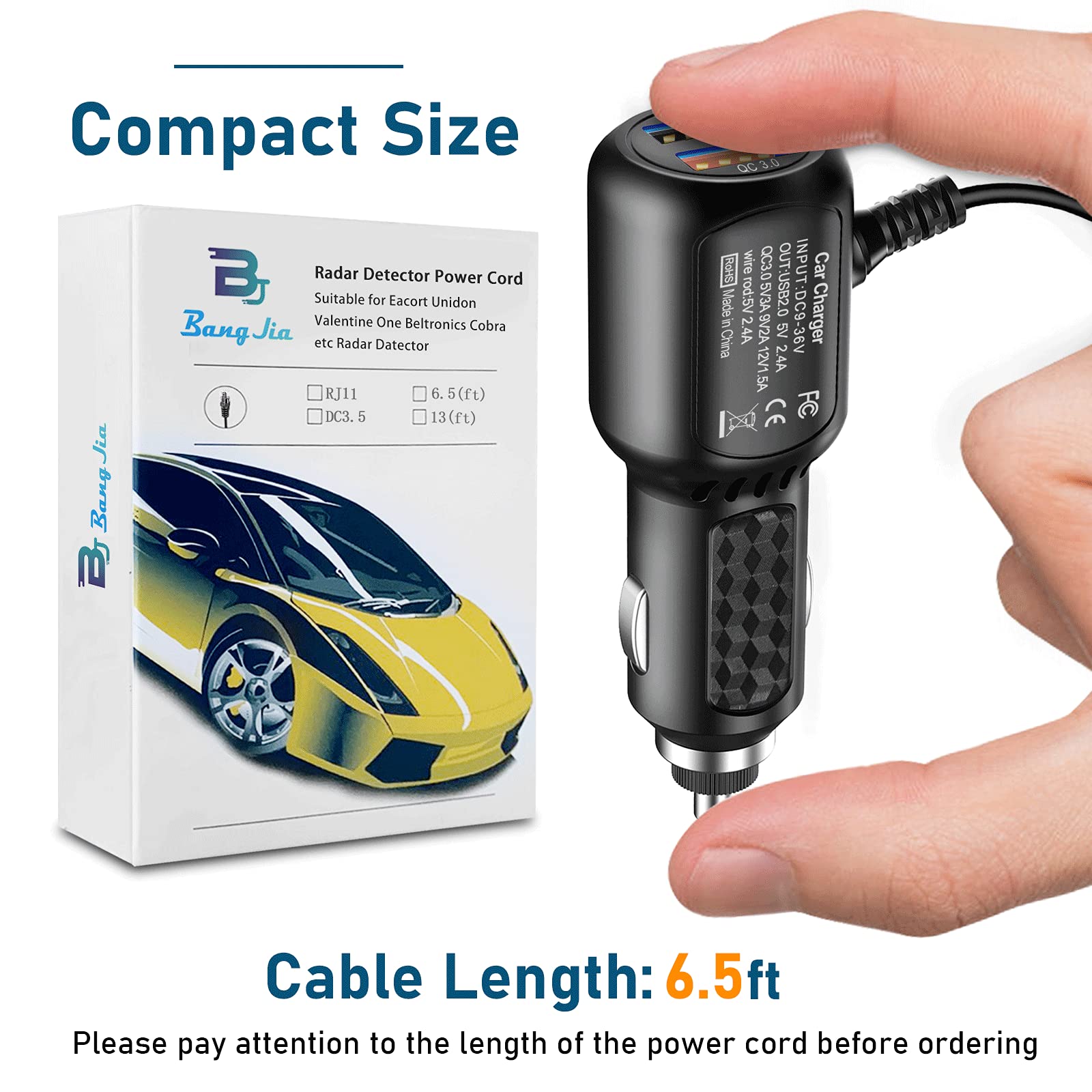 Uniden Escort Valentine Beltronics Passport Cobra Radar Detector Power Cord with Dual USB QC3.0 Fast Charger (RJ11) - Car Accessory for Road Trip & Highway Driving Safety