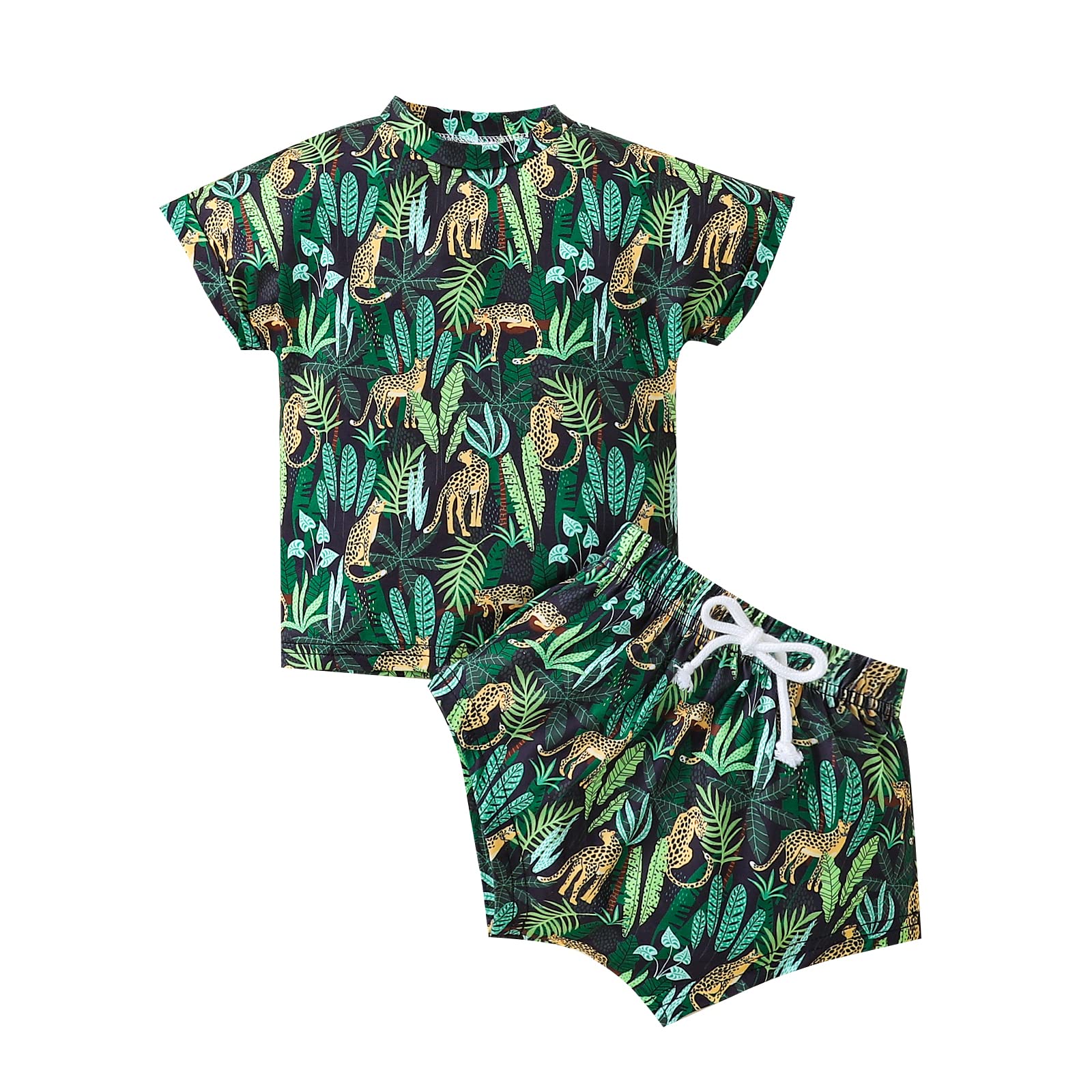 Baby Boys Summer Tropical Outfit Set - Leaves Print T-Shirt & Drawstring Shorts | Comfortable & Stylish for Beach, Vacation & Playtime