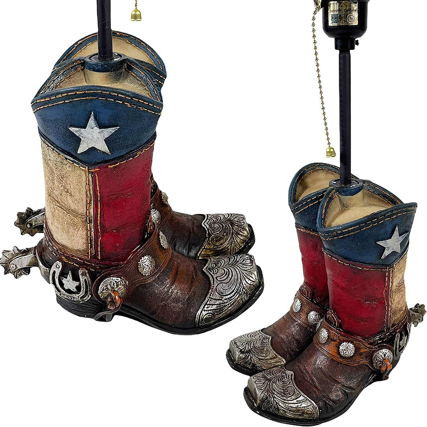 Western Cowboy Double Texas Boot Steel Toe Roper End Table Lamp - Rustic Nightstand & Living Room Decor for Bedroom, Office, or Western-Themed Spaces