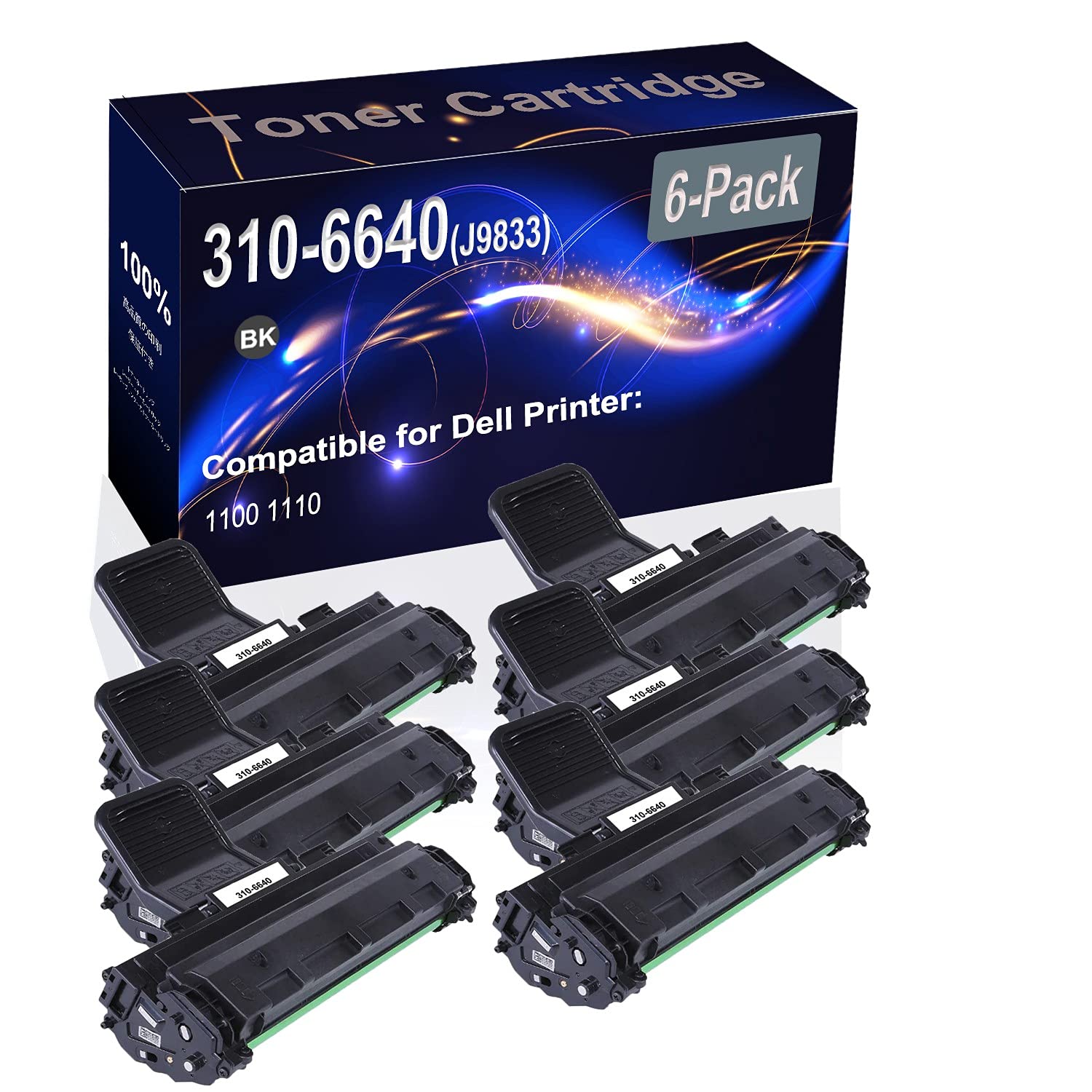 6-Pack Black High Yield Dell 310-6640 J9833 Compatible Toner Cartridge - Replacement for Dell 1100 & 1110 Printers - Ideal for Home Office & Small Business Printing Needs