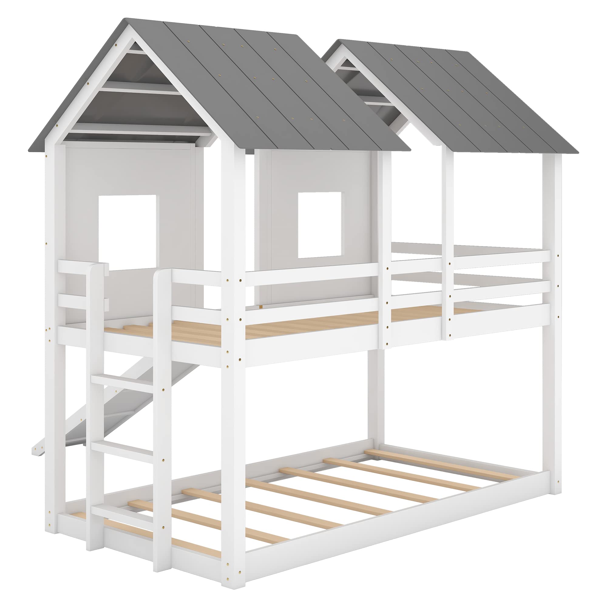 Wooden Twin Over Twin Bunk Bed with Slide - Fun Playhouse Loft Bed for Kids, Teens, Boys & Girls - Sturdy White Frame for Bedroom, Playroom or Dorm