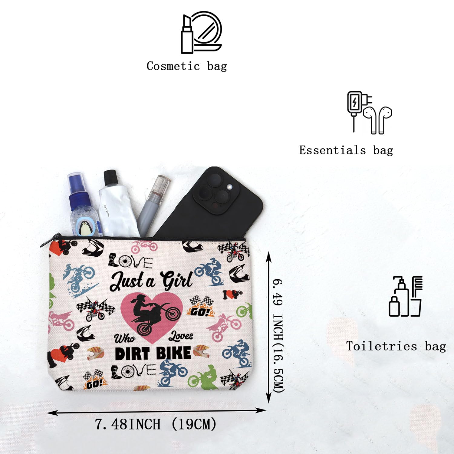 MAOFAED Dirt Bike Themed Cosmetic Bag for Women - Perfect Motocross Gift for Girls Who Love Dirt Biking - Great for Travel, Gym & Motorcycle Enthusiasts