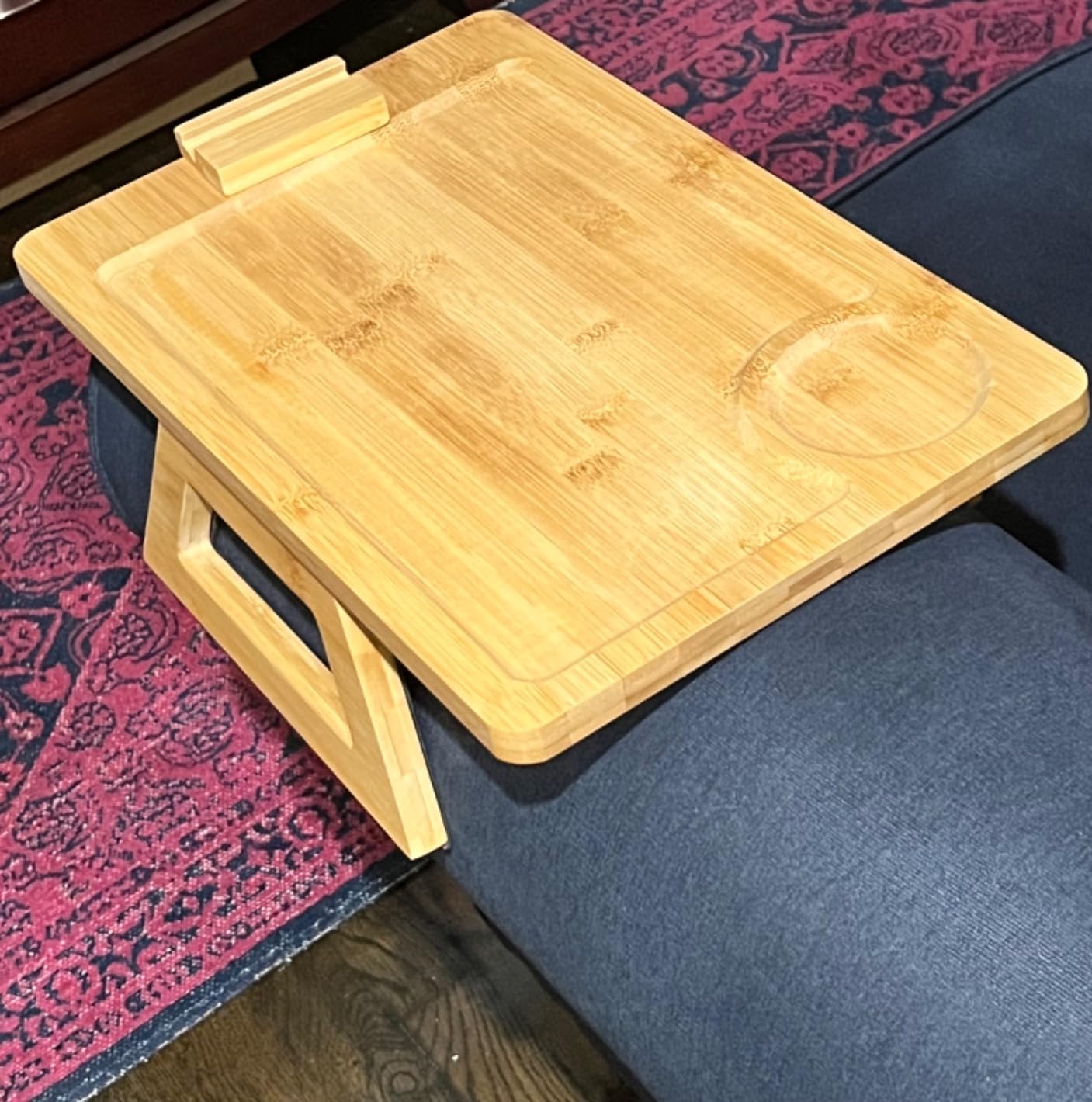 360° Rotating Bamboo Sofa Armrest Tray - Foldable Clip-On Side Table for Wide Couches with Phone Holder (Natural, 15.8 Inch) - Perfect for Living Room Snacking, Laptop Work & Movie Nights