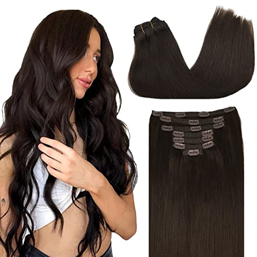 GOO GOO Clip-in Human Hair Extensions - 7pcs Dark Brown Remy Hair 22 Inch 115g Straight Clip-in Extensions for Length & Volume - Perfect for Parties, Weddings & Daily Styling