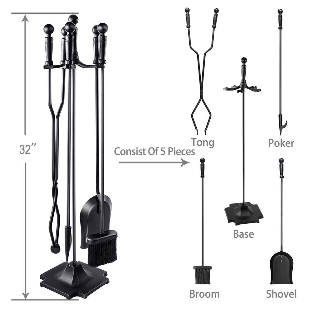 5-Piece Fireplace Tool Set with Sturdy Handles - Modern Fireplace Accessories for Indoor & Outdoor Use - Perfect for Fireplace, Chimney, Stove, Fire Pit - Ideal for Home Heating, Camping & Backyard Gatherings