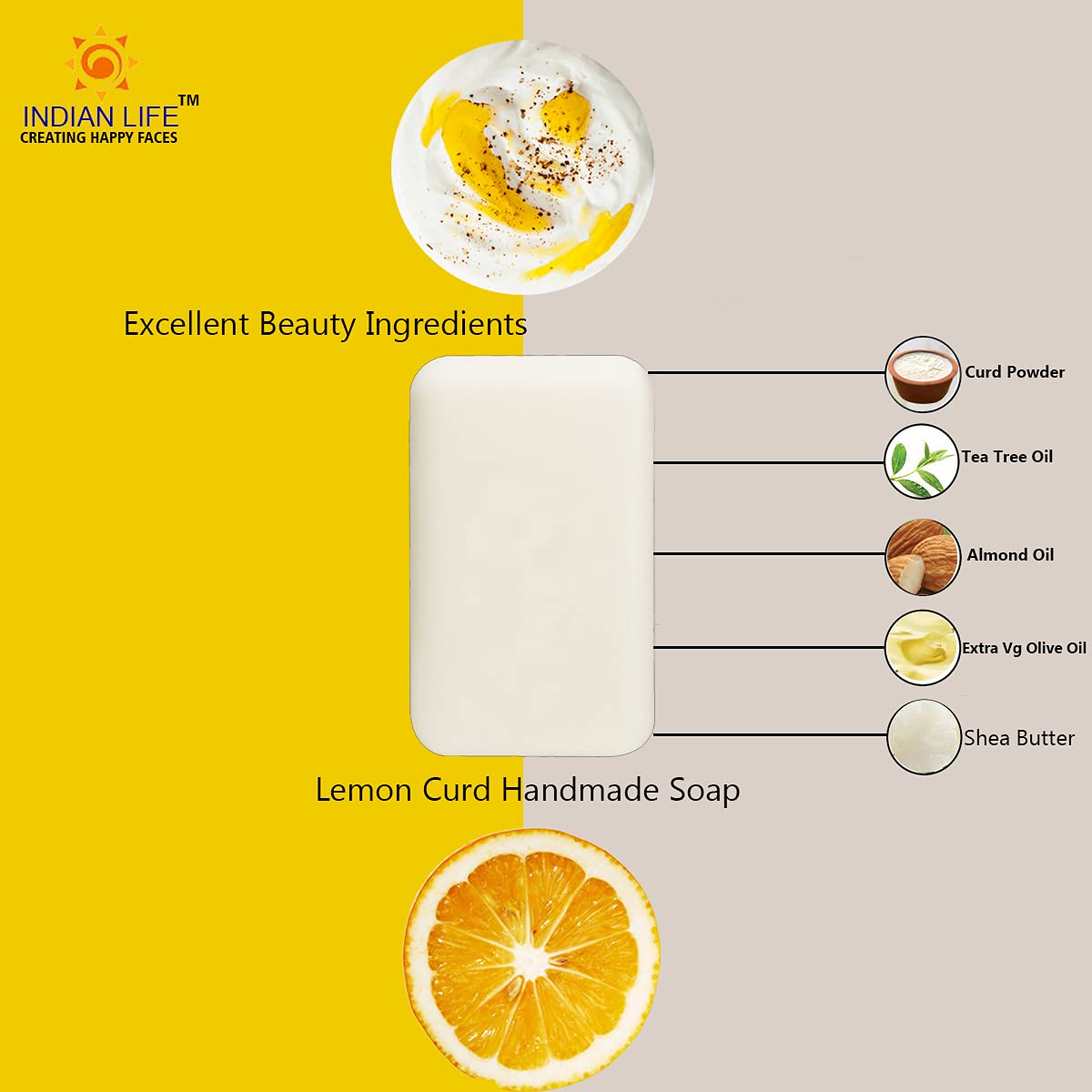 Indianlife Kumkumadi & Lemon Curd Soap with Shea Butter - 100% Vegan, Paraben-Free, SLS-Free, Mineral Oil-Free - 2 Pack (100g Each) for Glowing Skin & Acne Treatment | Perfect for Daily Face & Body Cleansing