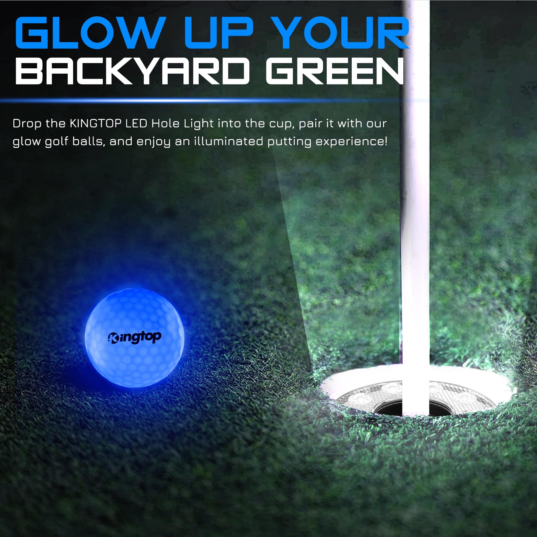 KINGTOP LED Golf Hole Light with Anti-Glare Lens - Battery Operated Putting Cup Lights for Night Golf, Backyard Practice & Parties | Glow in The Dark, Waterproof & Durable | Perfect for Indoor/Outdoor Putting Greens, Driving Ranges & Nighttime Entertainment