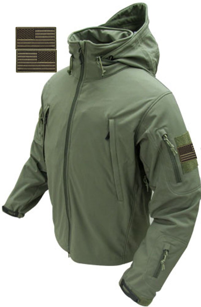 Condor Summit Soft Shell Jacket with Military Patches Bundle - 3 Piece Waterproof Windproof Outdoor Jacket Set for Hiking, Camping & Tactical Activities