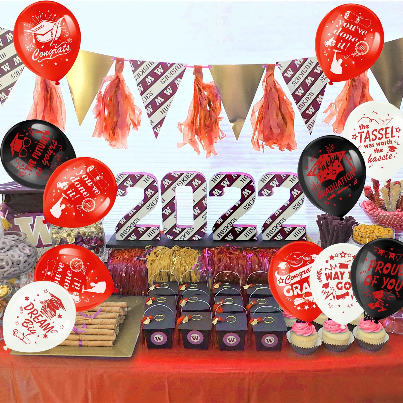 38-Piece Graduation Party Balloon Kit - 12 Inch Class of 2023 Latex Balloons with 2 Ribbon Rolls (Red, White, Black) - Proud of You & Congrats Printed Balloons for Classroom Decorations - 9 Unique Designs - Perfect for Graduation Parties, School Events & Celebration Decor