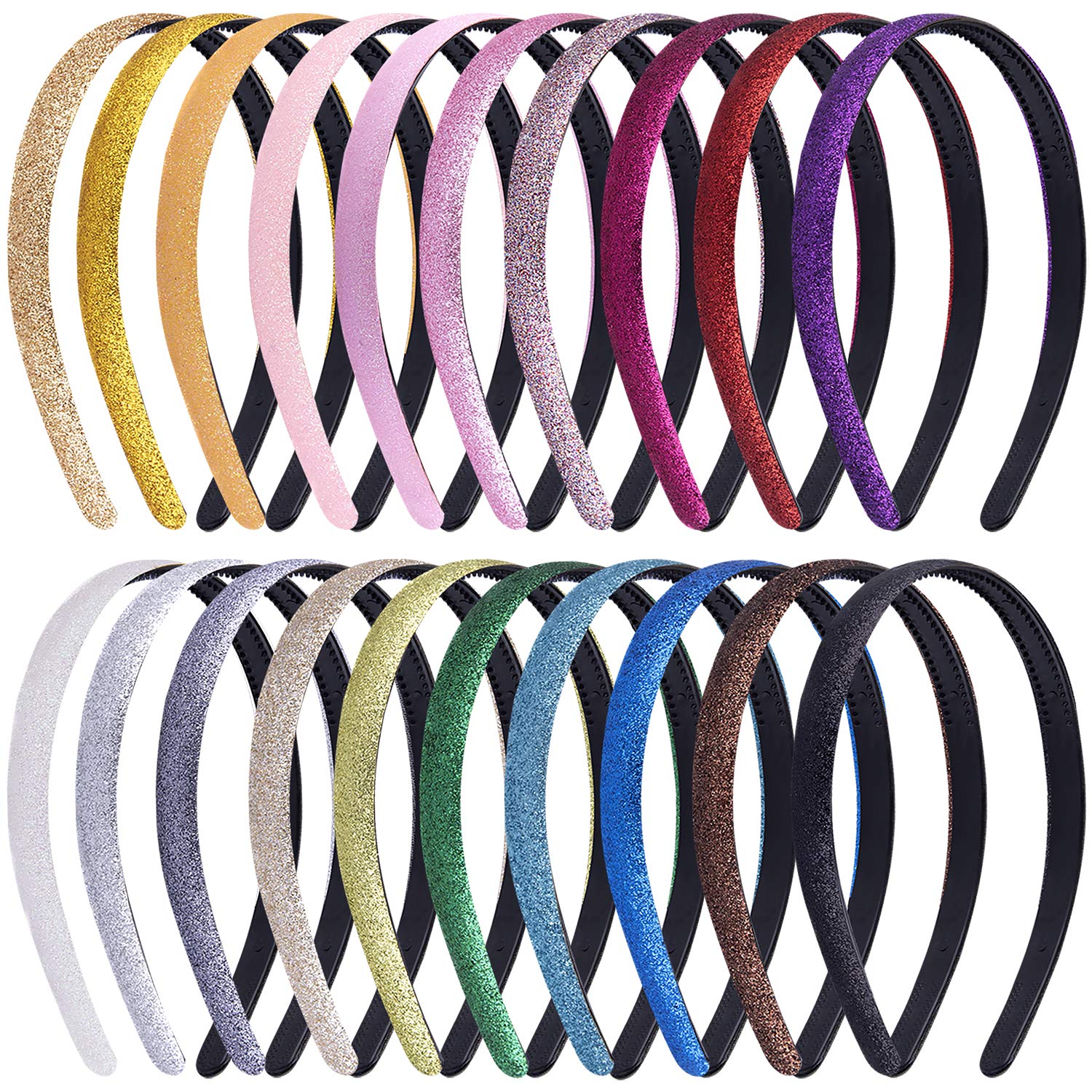 Duufin 20-Piece Glitter Headbands Set - Colorful Plastic Hair Bands with Teeth & Sparkle for Girls & Women (20 Colors) - Perfect for Parties, Weddings, Costumes & Everyday Fashion Accessories