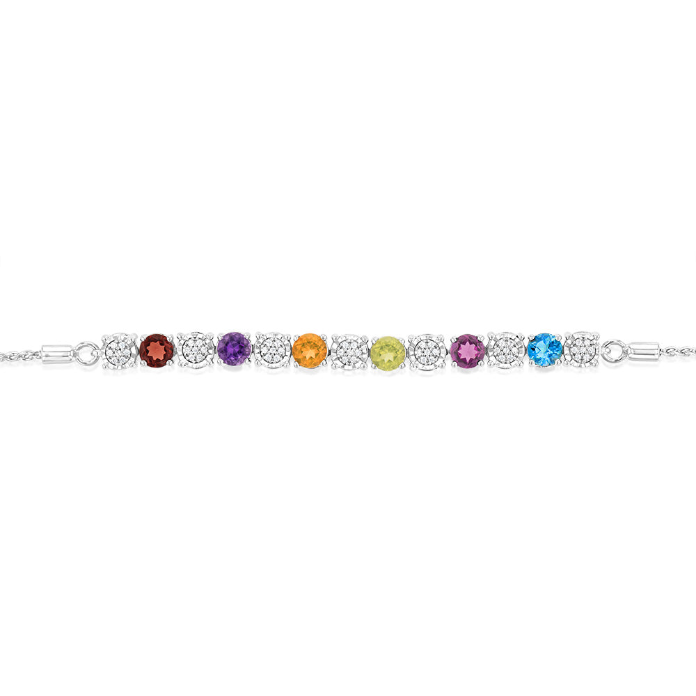 1.86Ct Multicolor Gemstone Bracelet (Garnet, Amethyst, Citrine, Peridot, Rhodolite, London Blue Topaz) with 49 Diamonds in Sterling Silver - Elegant Jewelry for Women, Perfect Gift for Birthday, Anniversary & Special Occasions