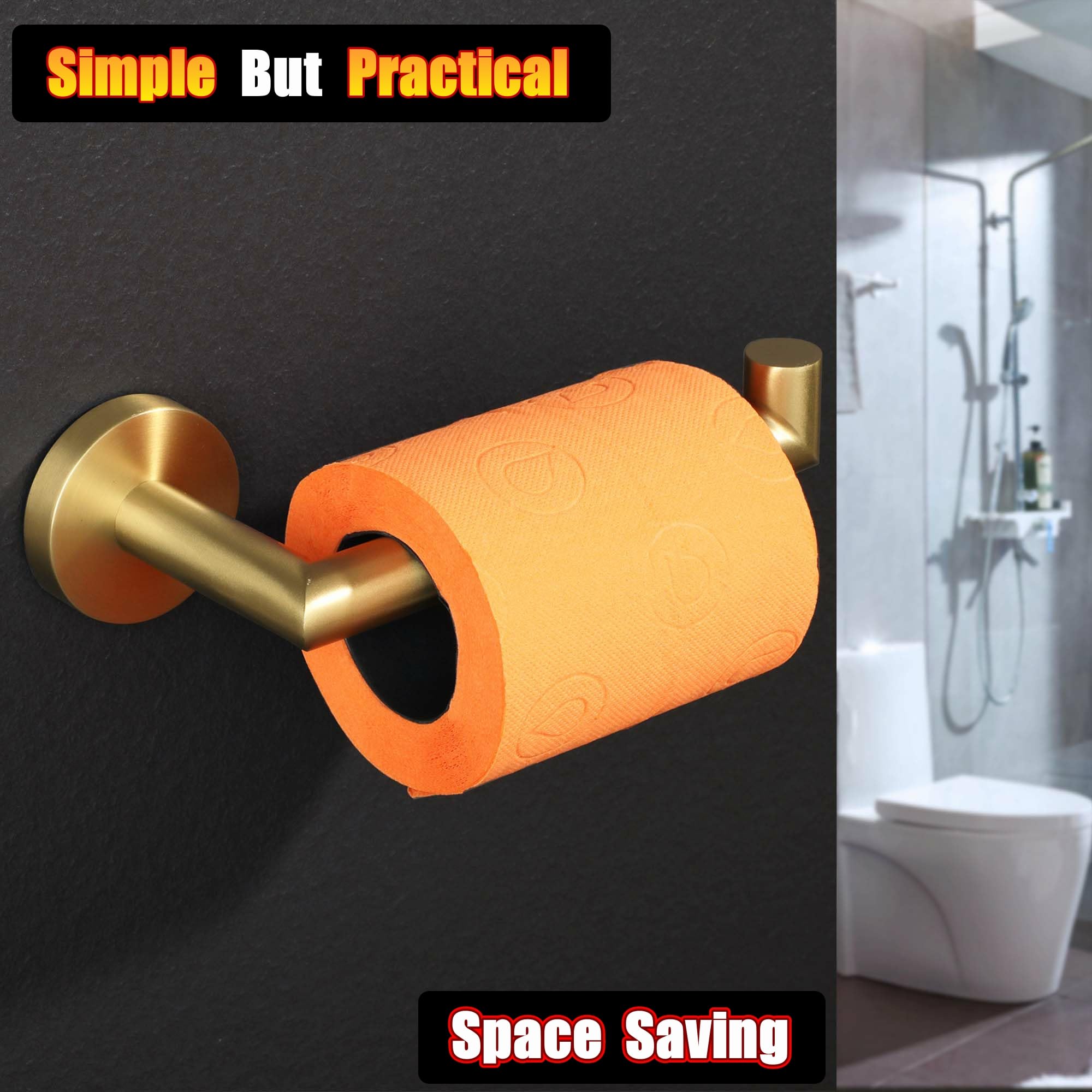 Stainless Steel Toilet Paper Holder Wall Mount - Brushed Gold Bathroom Tissue Roll Dispenser, SUS304 Paper Rack for Home & Office Use - GKN130-G
