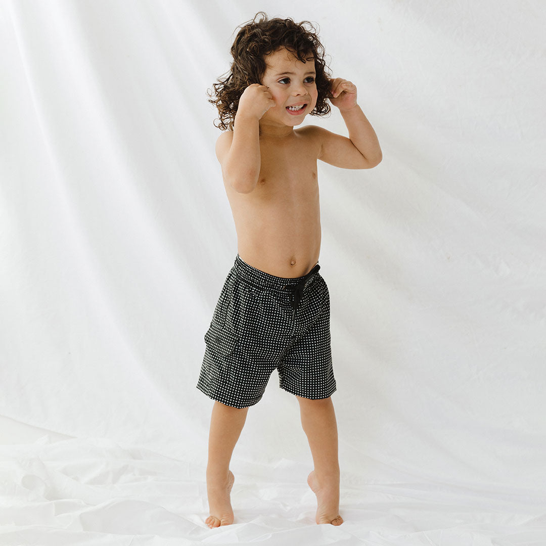 Black Checkers Jr. Swim Trunks for Boys - Quick Dry Swim Shorts with Fun Checkerboard Pattern - Perfect for Pool, Beach & Summer Water Activities