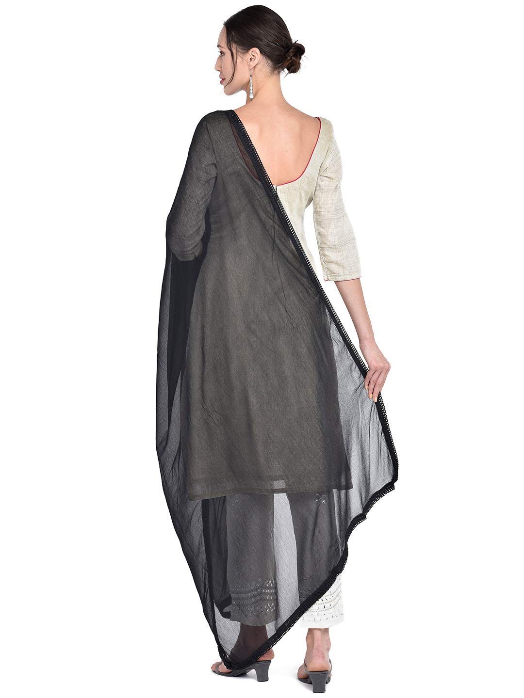 DUPATTA BAZAAR Women's Black Pure Chiffon Dupatta Scarf with Elegant Lace Trim - Perfect for Weddings, Parties, and Traditional Outfits