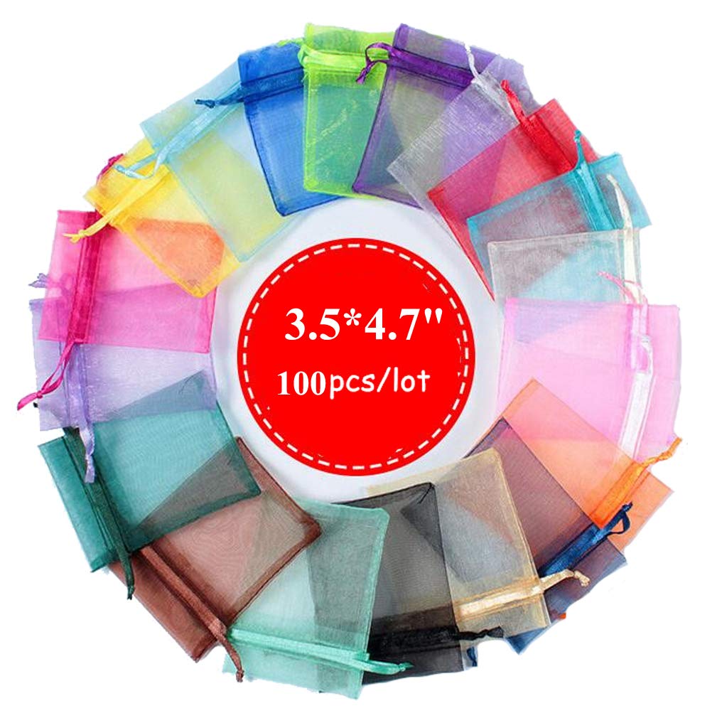 100pcs Sheer Organza Drawstring Bags 3.5x4.7 Inches - Mixed Colors Jewelry Pouches for Wedding Favors, Party Gifts, Christmas Candy & Small Item Storage - Perfect for Bridal Shower, Baby Shower & Birthday Party Decorations