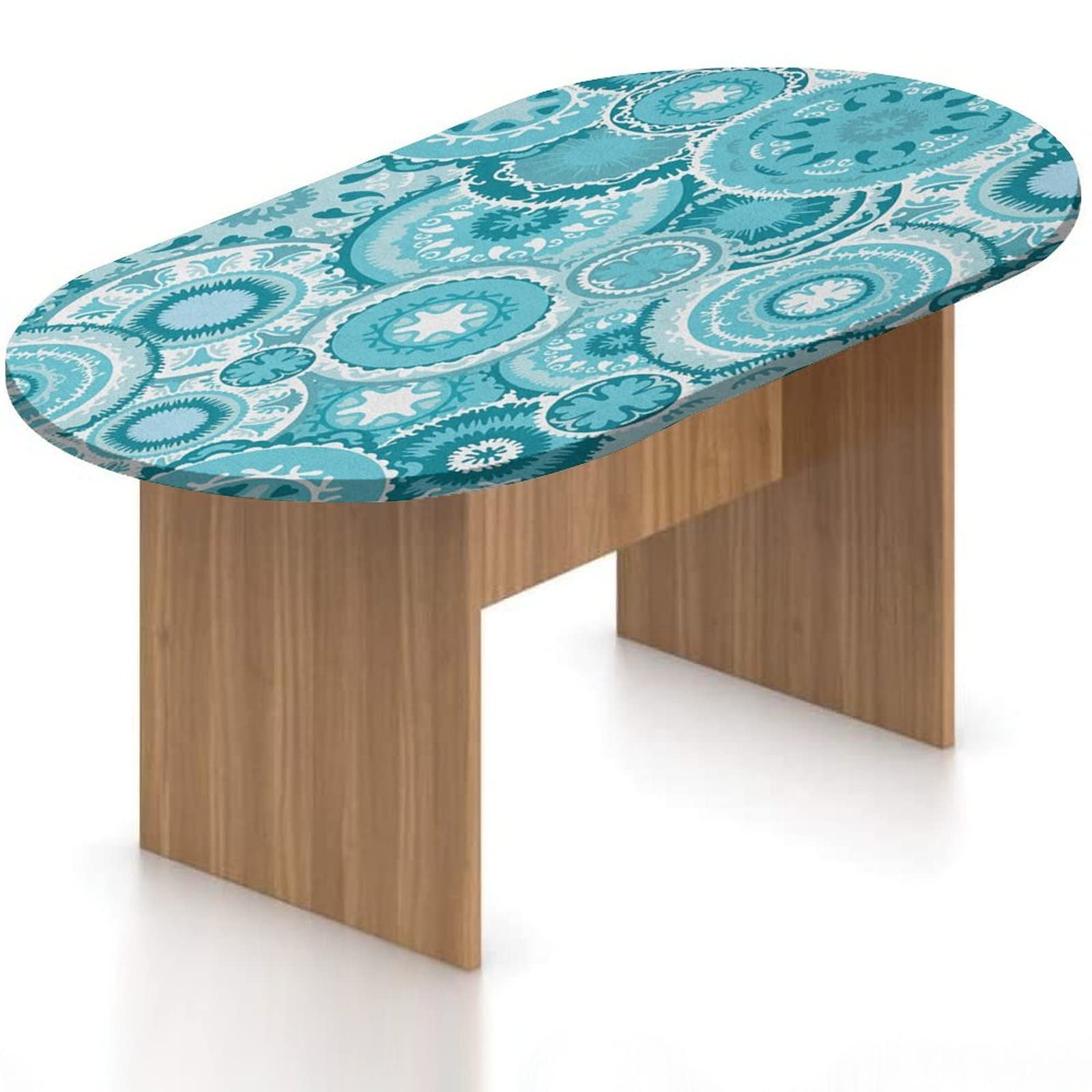 Waterproof Oval Fitted Table Cover 48x68 Inches - Elastic Polyester Tablecloth with Bohemian Floral Mandala Print for Patio, Garden & Outdoor Dining - UV Resistant & Weatherproof for Round Tables