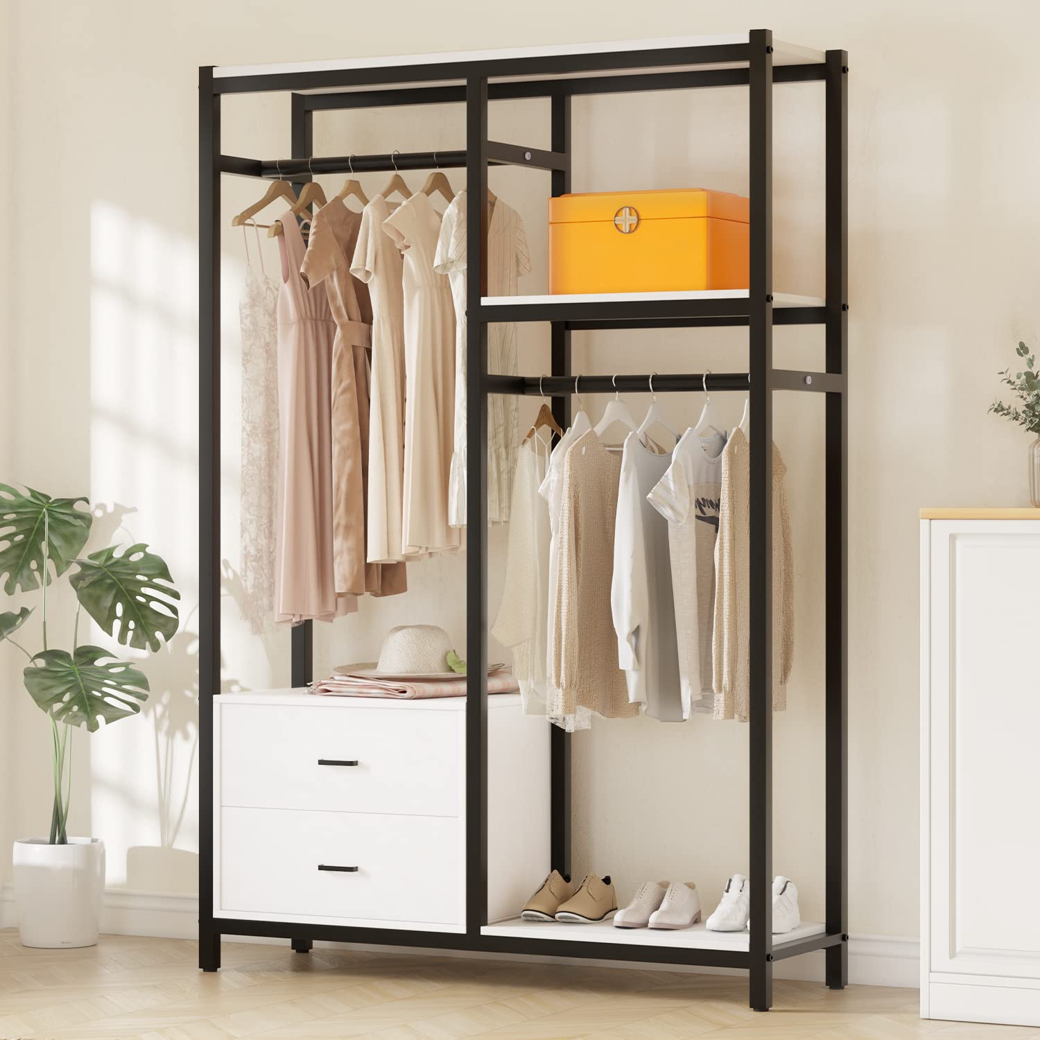 HOKEEPER 650lbs Heavy Duty Metal Wardrobe - Freestanding Closet Organizer with Drawers & Shelves for Bedroom Storage