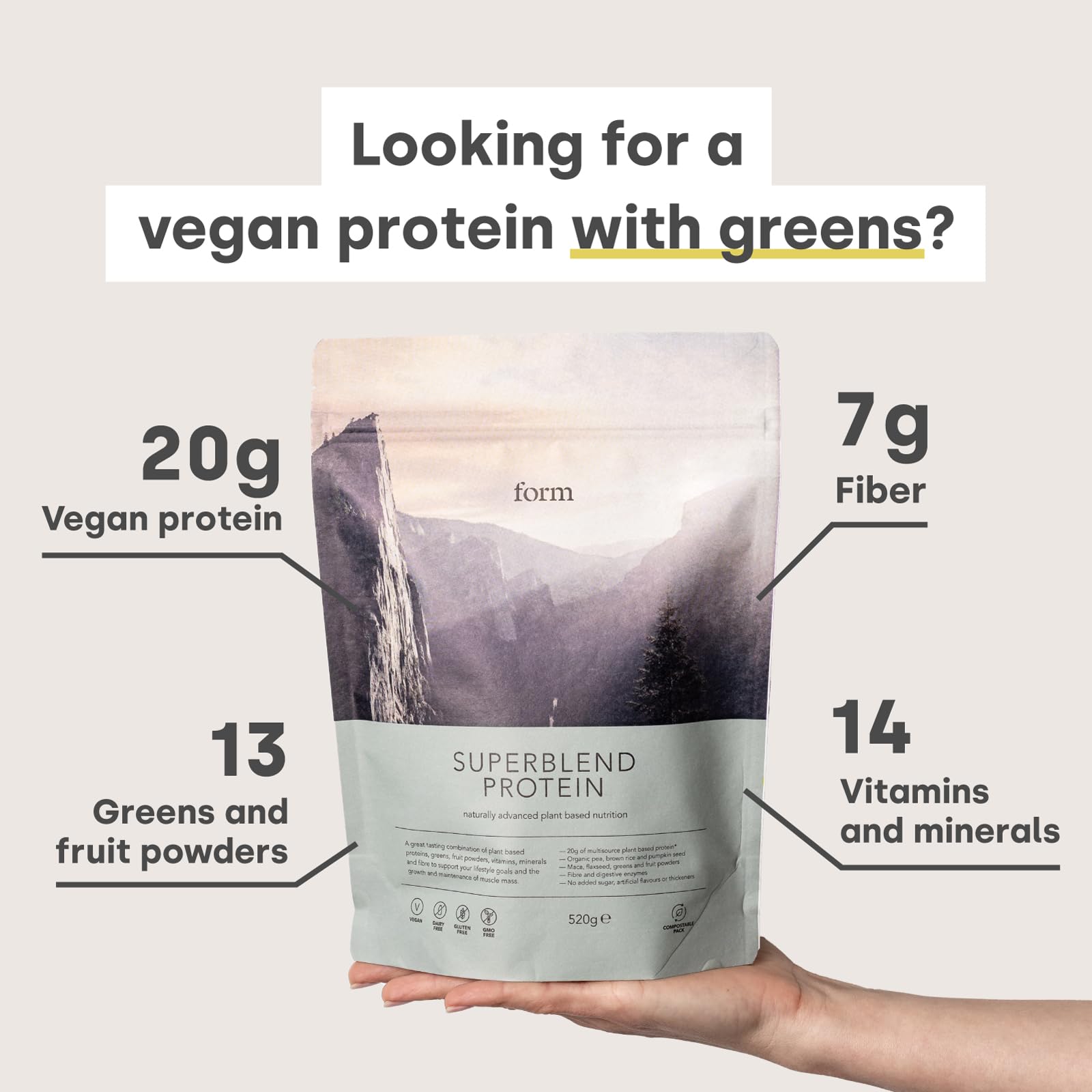 Form Superblend Vegan Protein Powder with Superfoods, Vitamins & Minerals - 20g Plant-Based Protein per Serving, Chocolate Salted Caramel Flavor - Perfect for Post-Workout Recovery & Healthy Smoothies