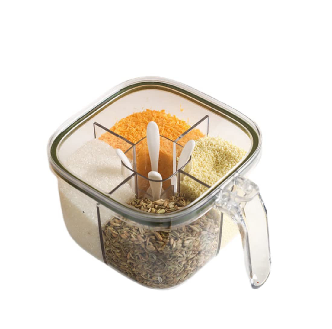 4-Compartment Clear Plastic Seasoning Box with Lid & Serving Spoons - Airtight Spice Storage Container for Salt, Pepper & Powder - Perfect for Kitchen, Camping & Outdoor Cooking